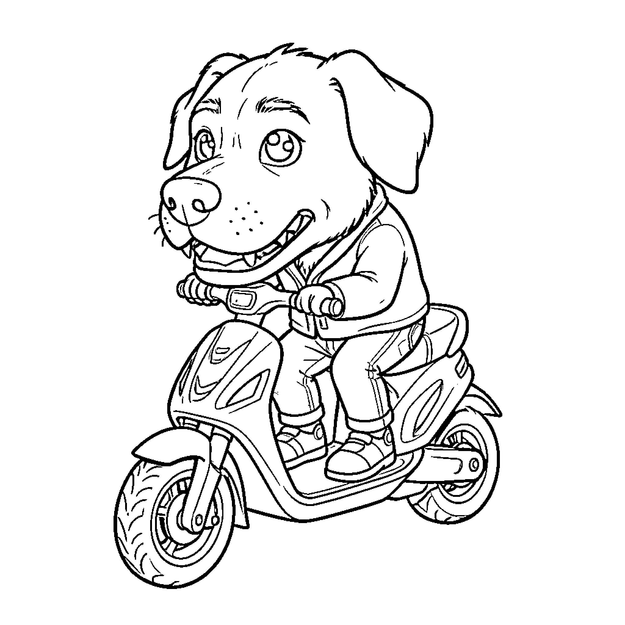 Monster Puppy Riding Scooter with Enthusiasm Coloring Page (free black-and-white line drawing printable PDF for all, from beginners to advanced learners, including children, teens, adults, and seniors)