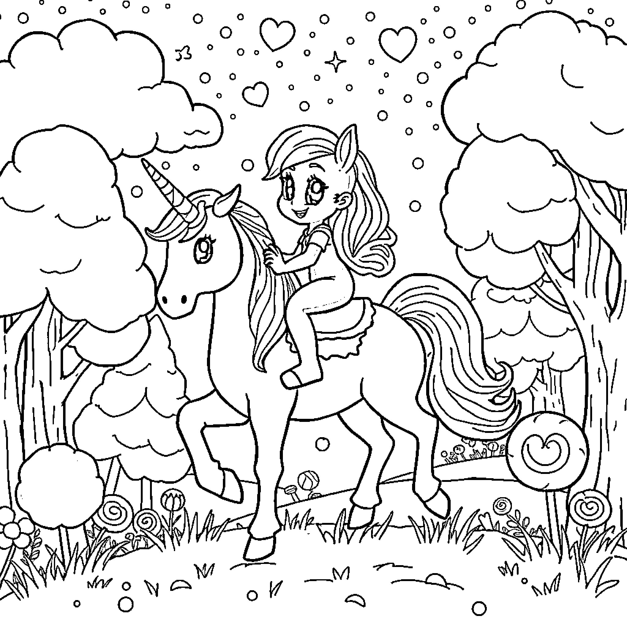 Bluey Rides a Magical Unicorn in a Whimsical Forest Coloring Page (free black-and-white line drawing printable PDF for all, from beginners to advanced learners, including children, teens, adults, and seniors)