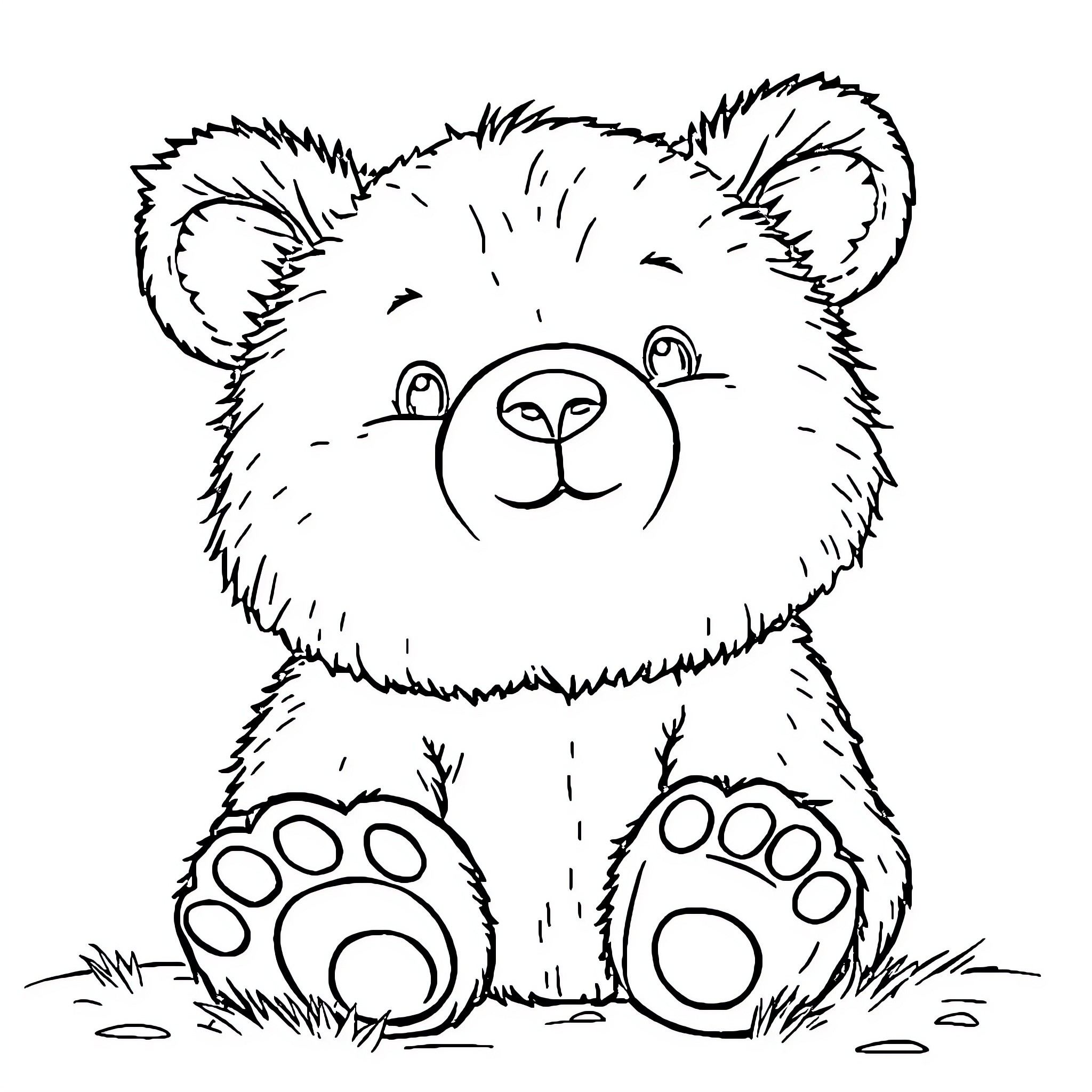 Ours Fluffy Bear Sitting Cutely Coloring Page (free black-and-white line drawing printable PDF for all, from beginners to advanced learners, including children, teens, adults, and seniors)