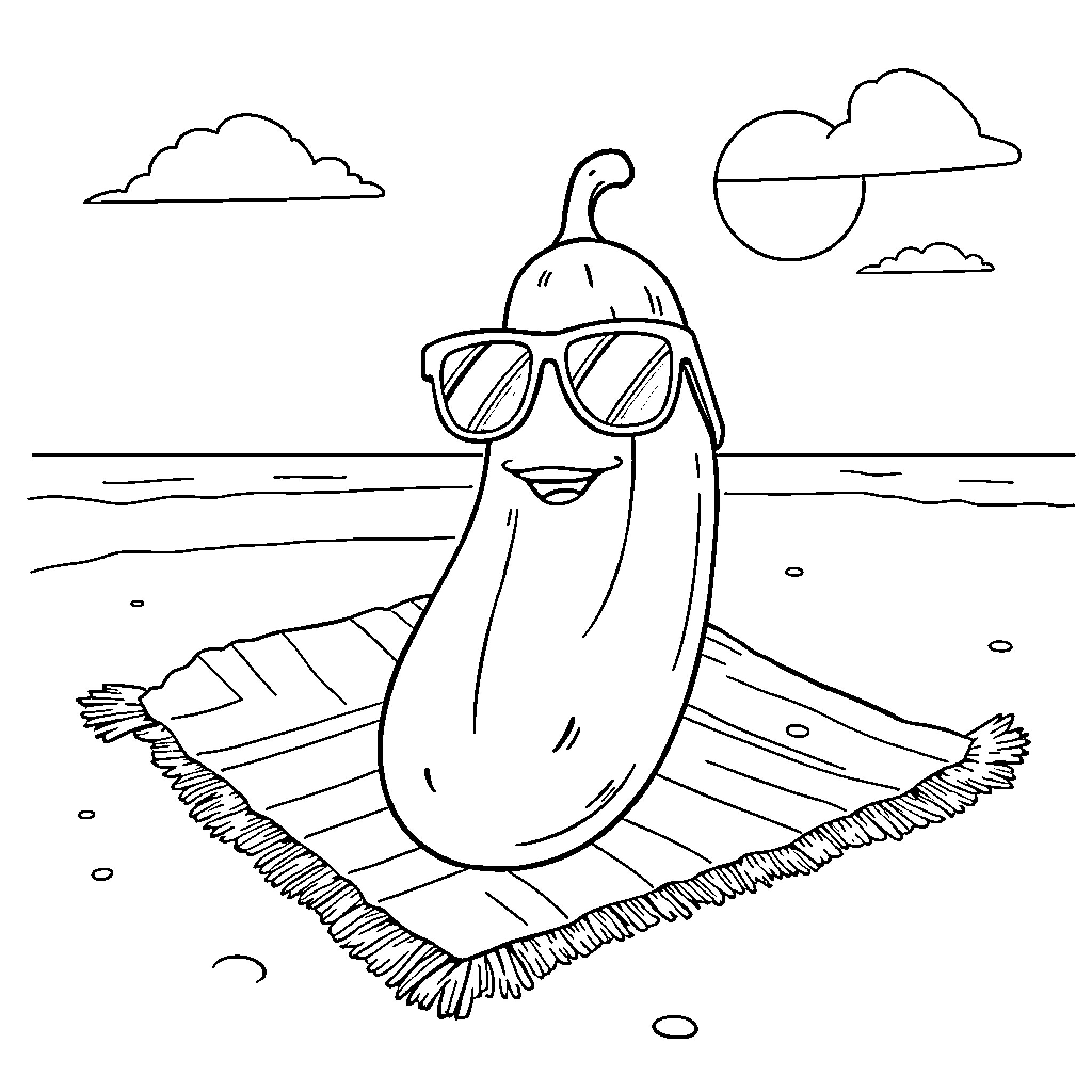 Pickle relaxing on the beach in sunglasses Coloring Page (free black-and-white line drawing printable PDF for all, from beginners to advanced learners, including children, teens, adults, and seniors)