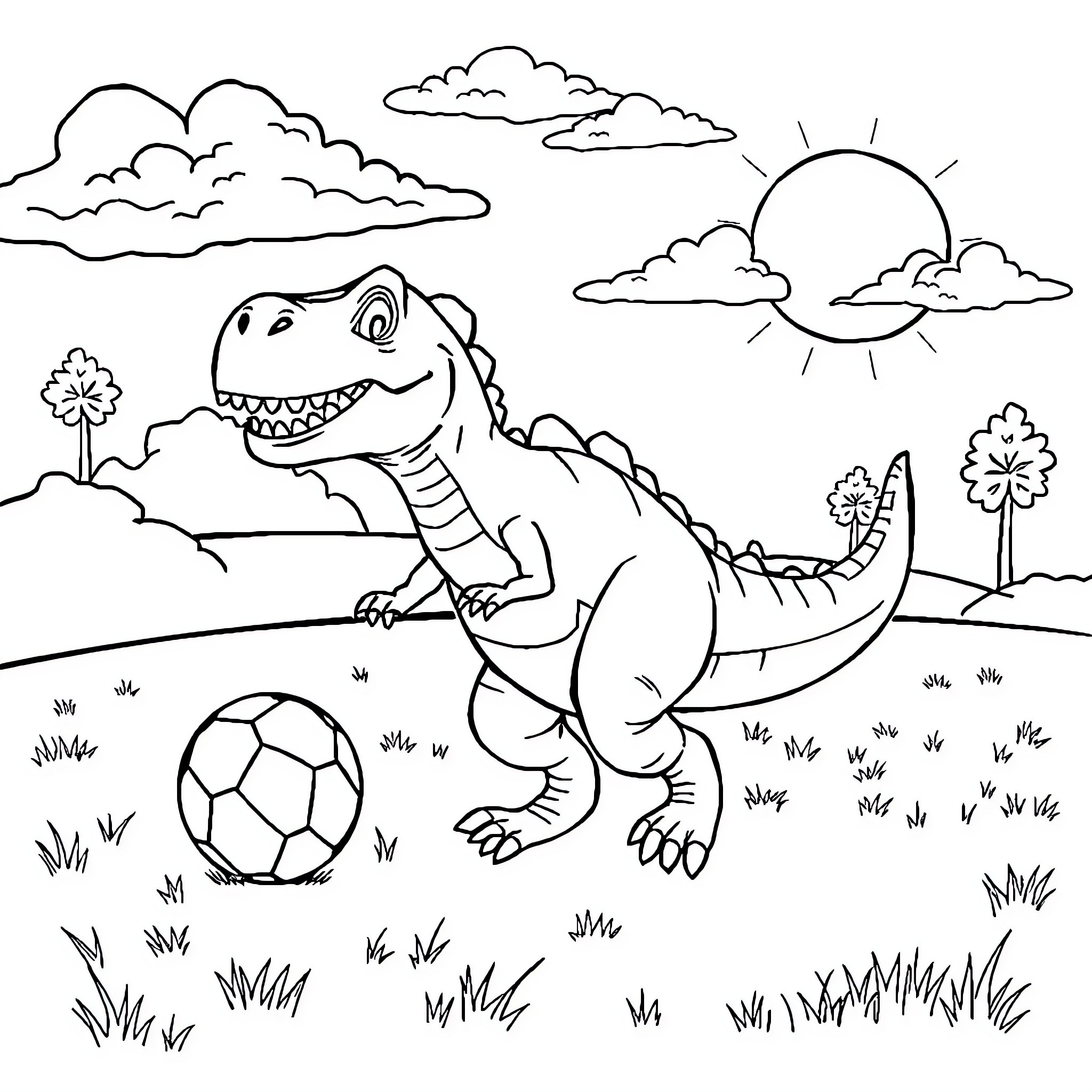 Dinosaur playing happily with soccer ball in the park Coloring Page (free black-and-white line drawing printable PDF for all, from beginners to advanced learners, including children, teens, adults, and seniors)