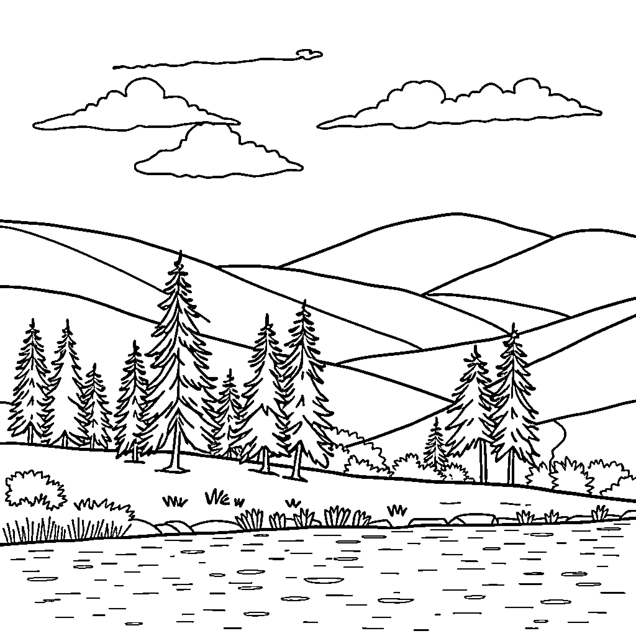 Tree-lined landscape with rolling hills and clouds Coloring Page (free black-and-white line drawing printable PDF for all, from beginners to advanced learners, including children, teens, adults, and seniors)