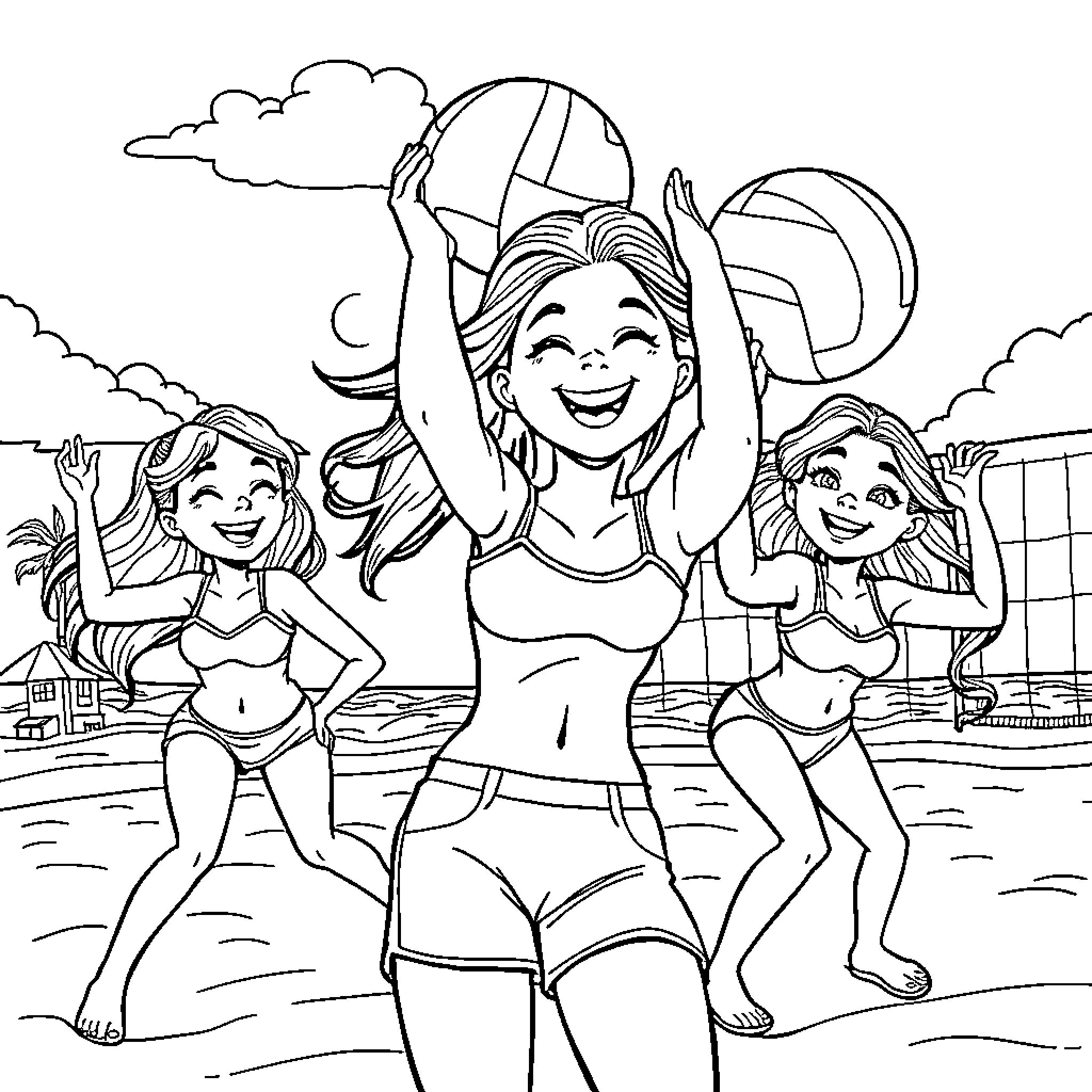 Girl joyfully playing with friends at the beach Coloring Page (free black-and-white line drawing printable PDF for all, from beginners to advanced learners, including children, teens, adults, and seniors)