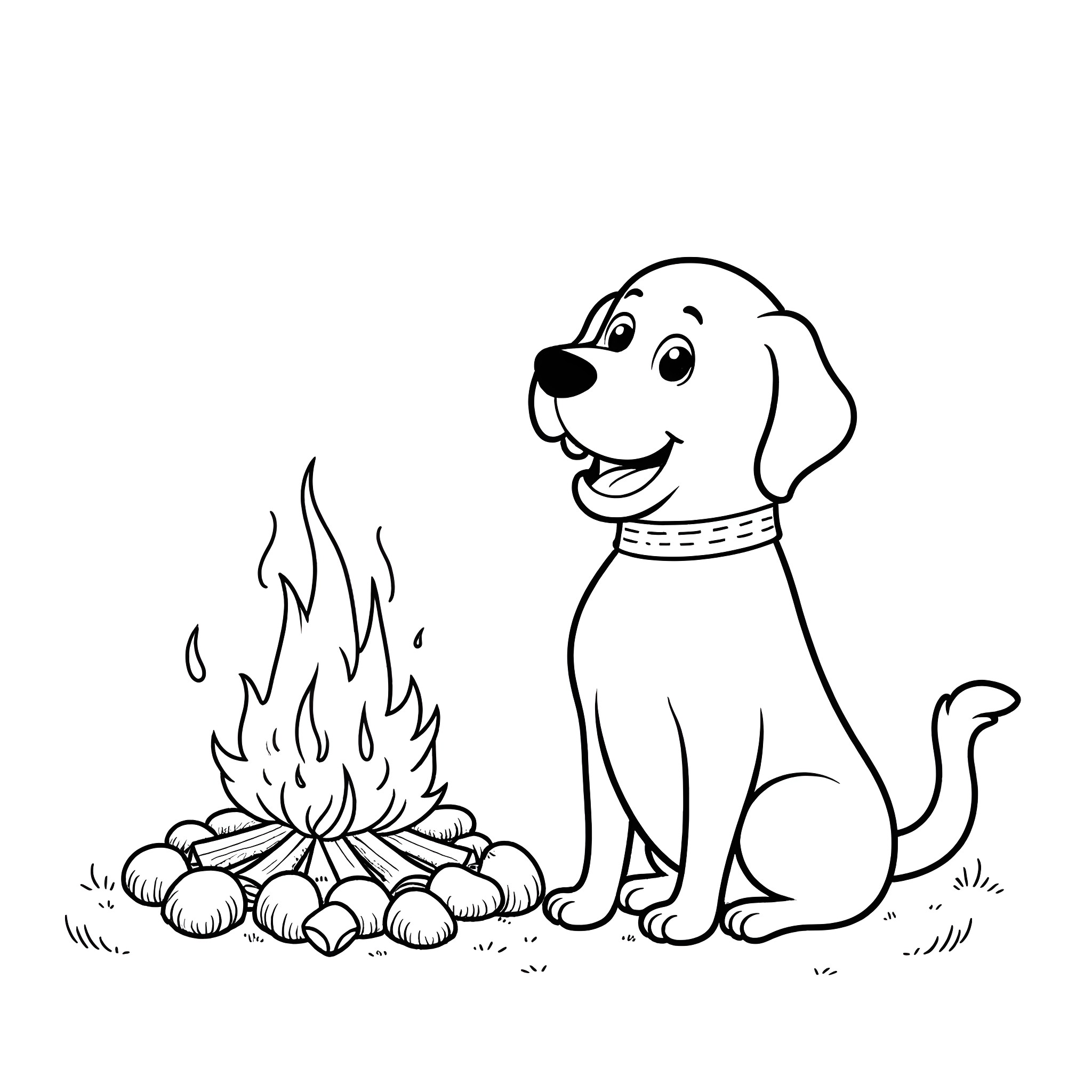 Labrador enjoying a cozy campfire Coloring Page (free black-and-white line drawing printable PDF for all, from beginners to advanced learners, including children, teens, adults, and seniors)