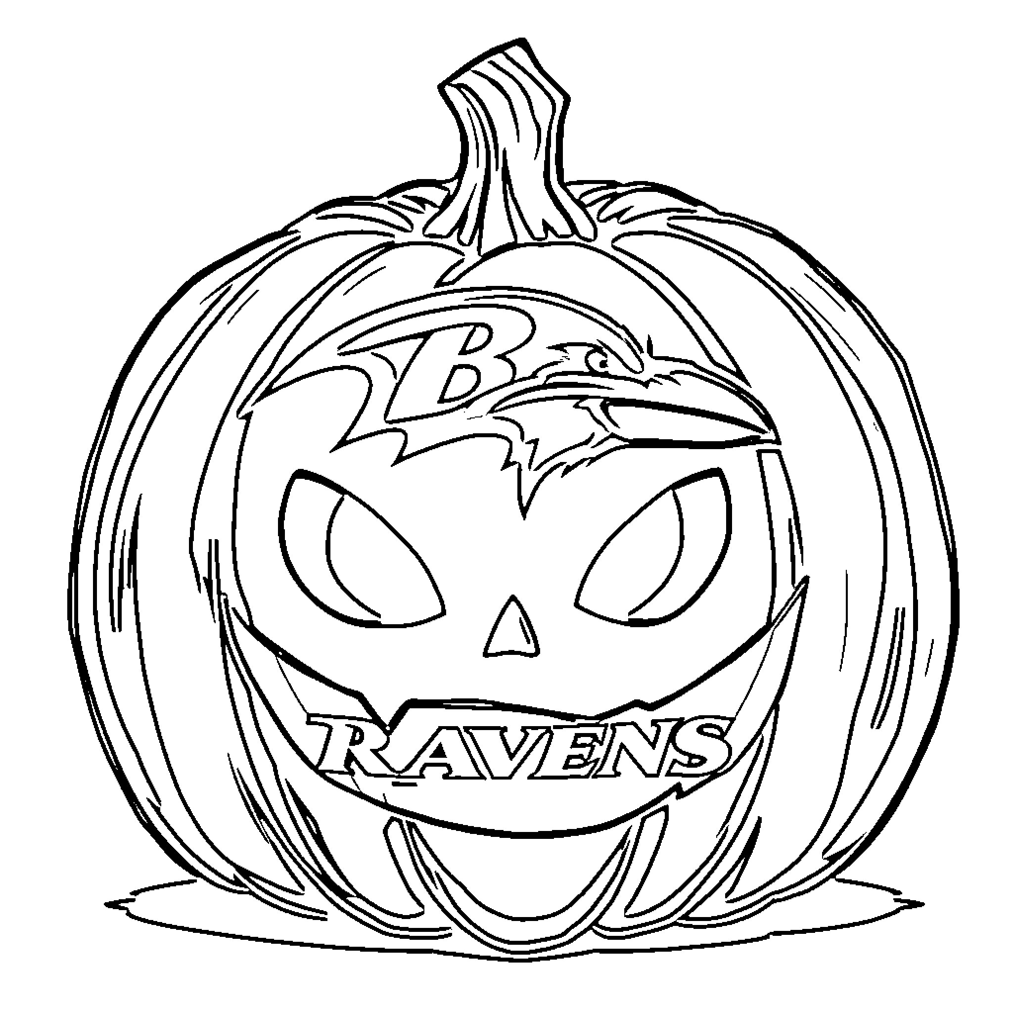 Jack-o'-lantern with team logo and mascot Coloring Page (free black-and-white line drawing printable PDF for all, from beginners to advanced learners, including children, teens, adults, and seniors)