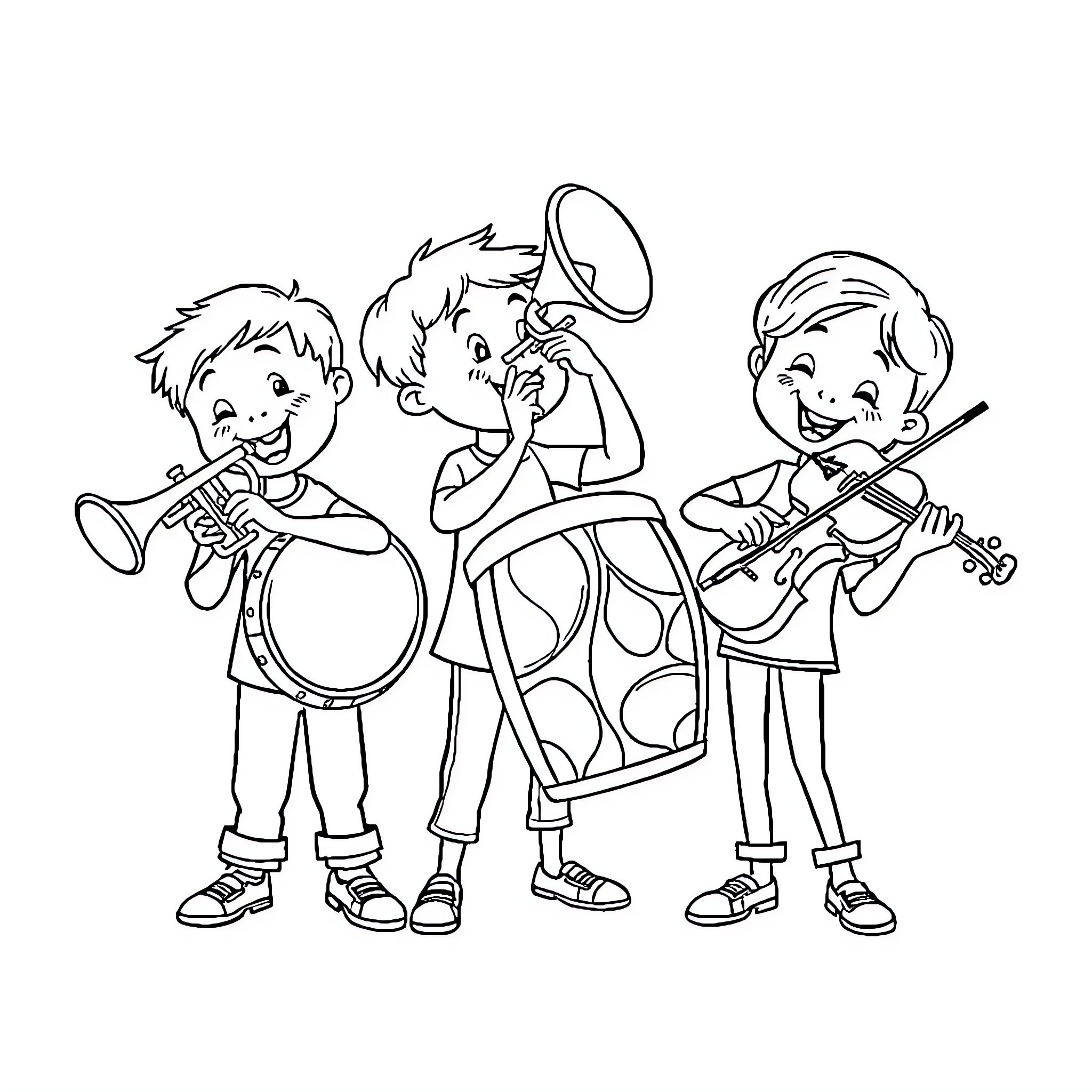 Kid Musicians Playing Musical Instruments Together Coloring Page (free black-and-white line drawing printable PDF for all, from beginners to advanced learners, including children, teens, adults, and seniors)