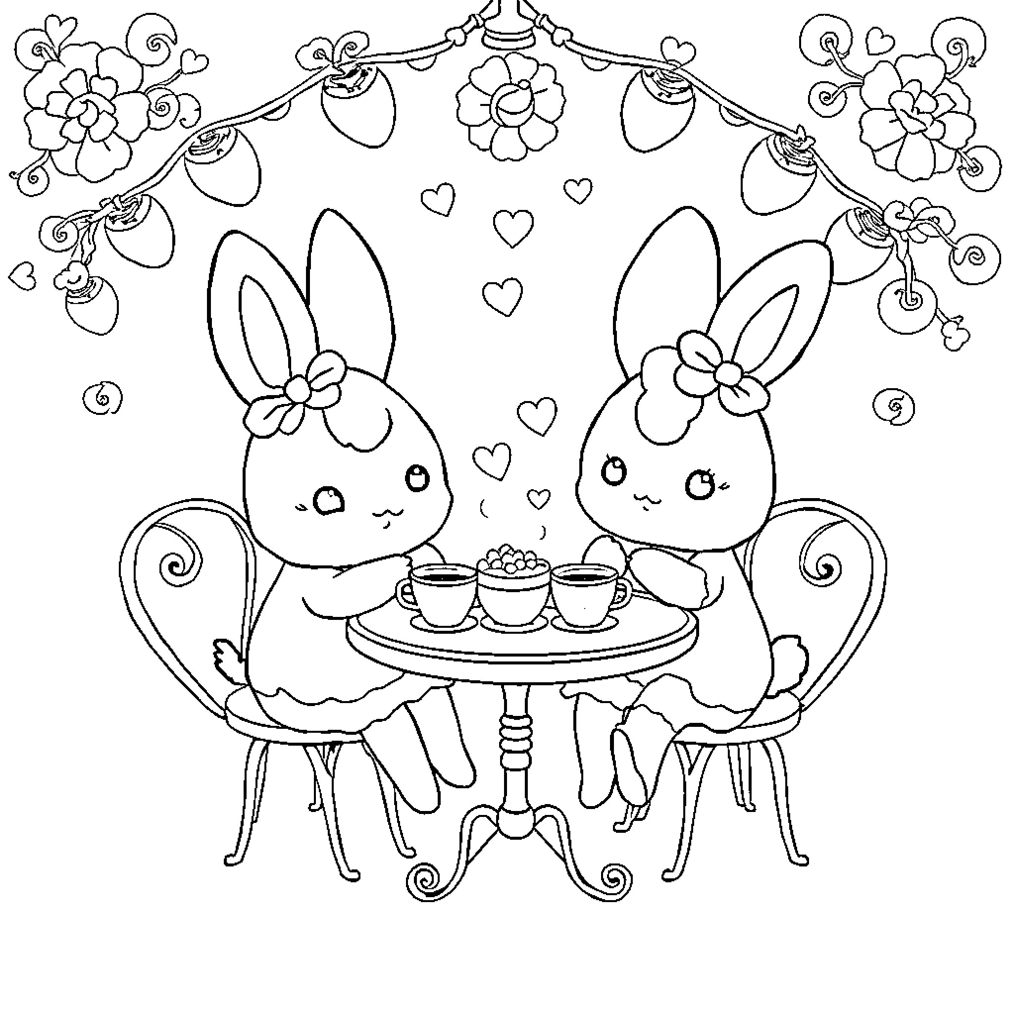 Rumi's Whimsical Rabbit Tea Party Coloring Page (free black-and-white line drawing printable PDF for all, from beginners to advanced learners, including children, teens, adults, and seniors)
