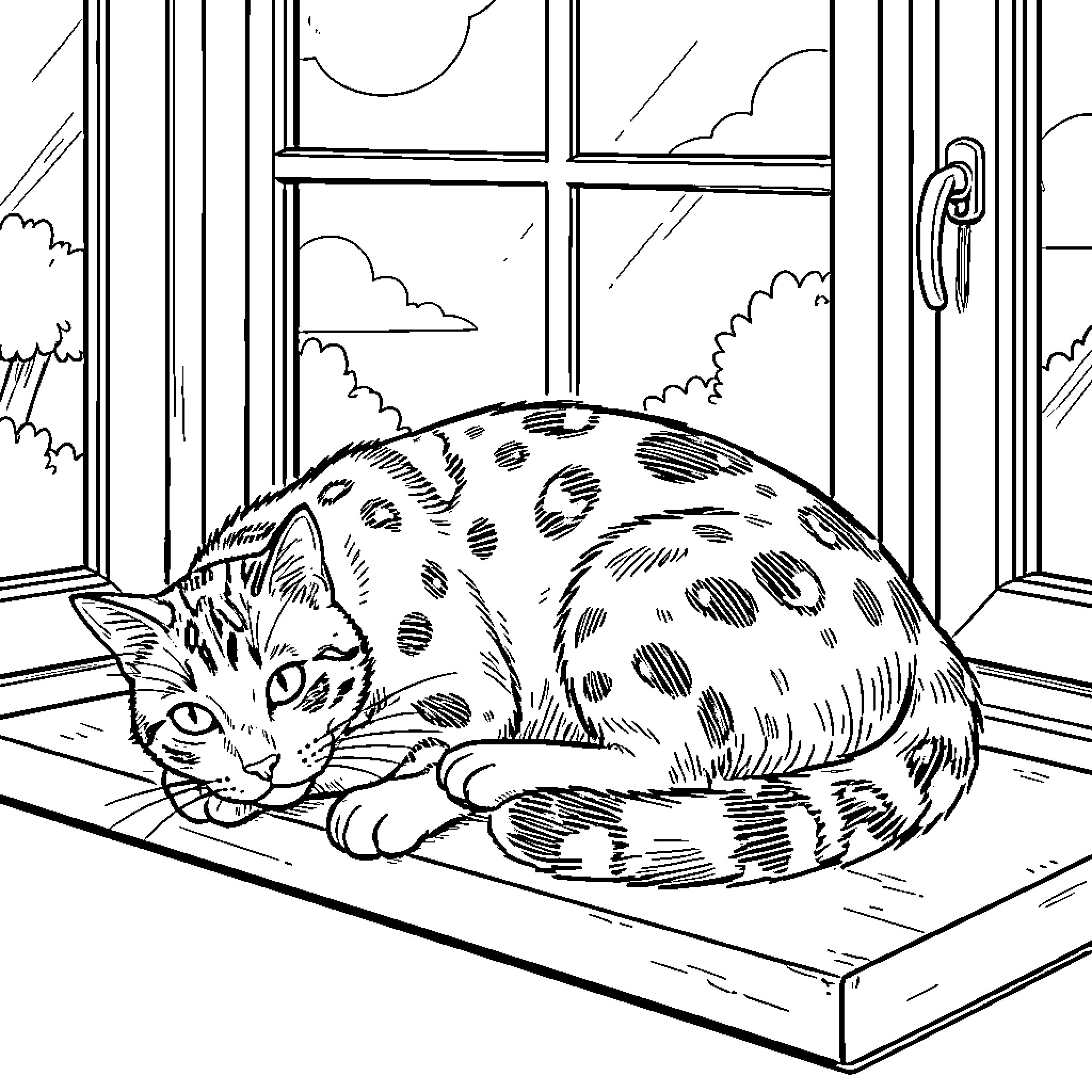 Cat resting peacefully on a window sill Coloring Page (free black-and-white line drawing printable PDF for all, from beginners to advanced learners, including children, teens, adults, and seniors)