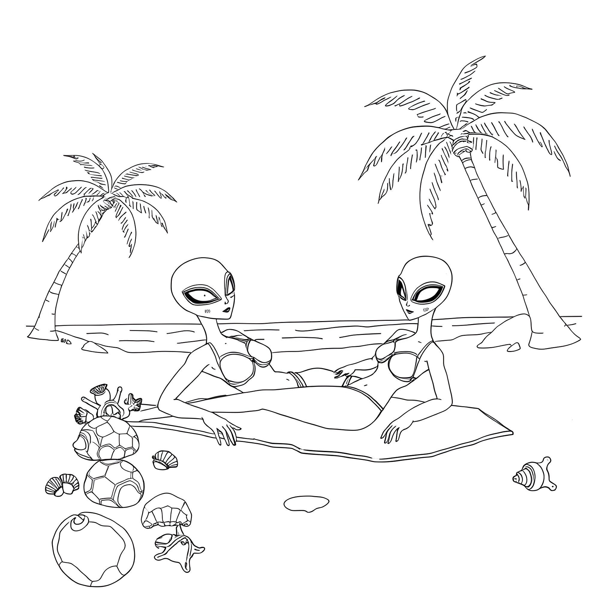 Alien tourists relaxing on a tropical beach Coloring Page (free black-and-white line drawing printable PDF for all, from beginners to advanced learners, including children, teens, adults, and seniors)