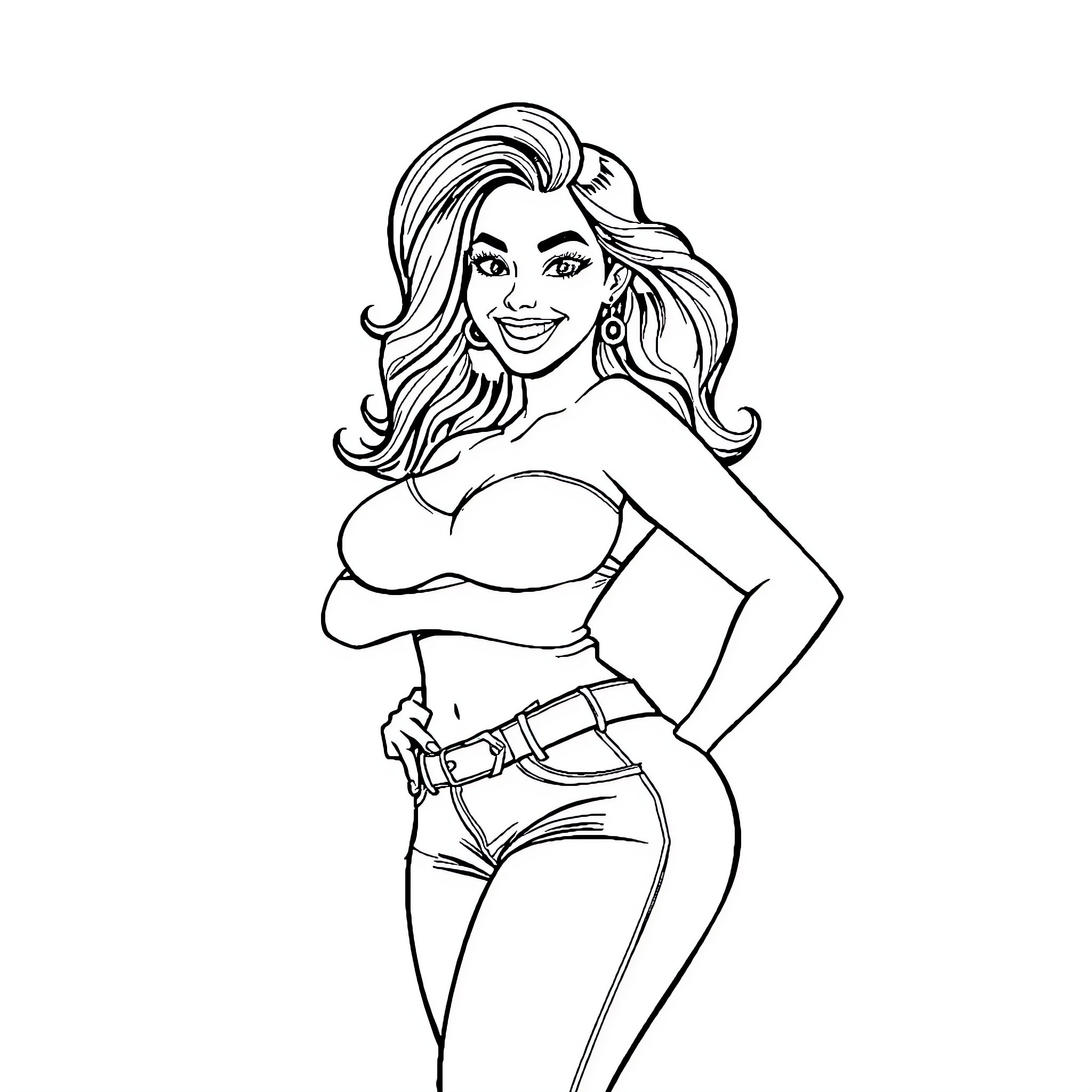 Latina woman in stylish outfit posing confidently Coloring Page (free black-and-white line drawing printable PDF for all, from beginners to advanced learners, including children, teens, adults, and seniors)