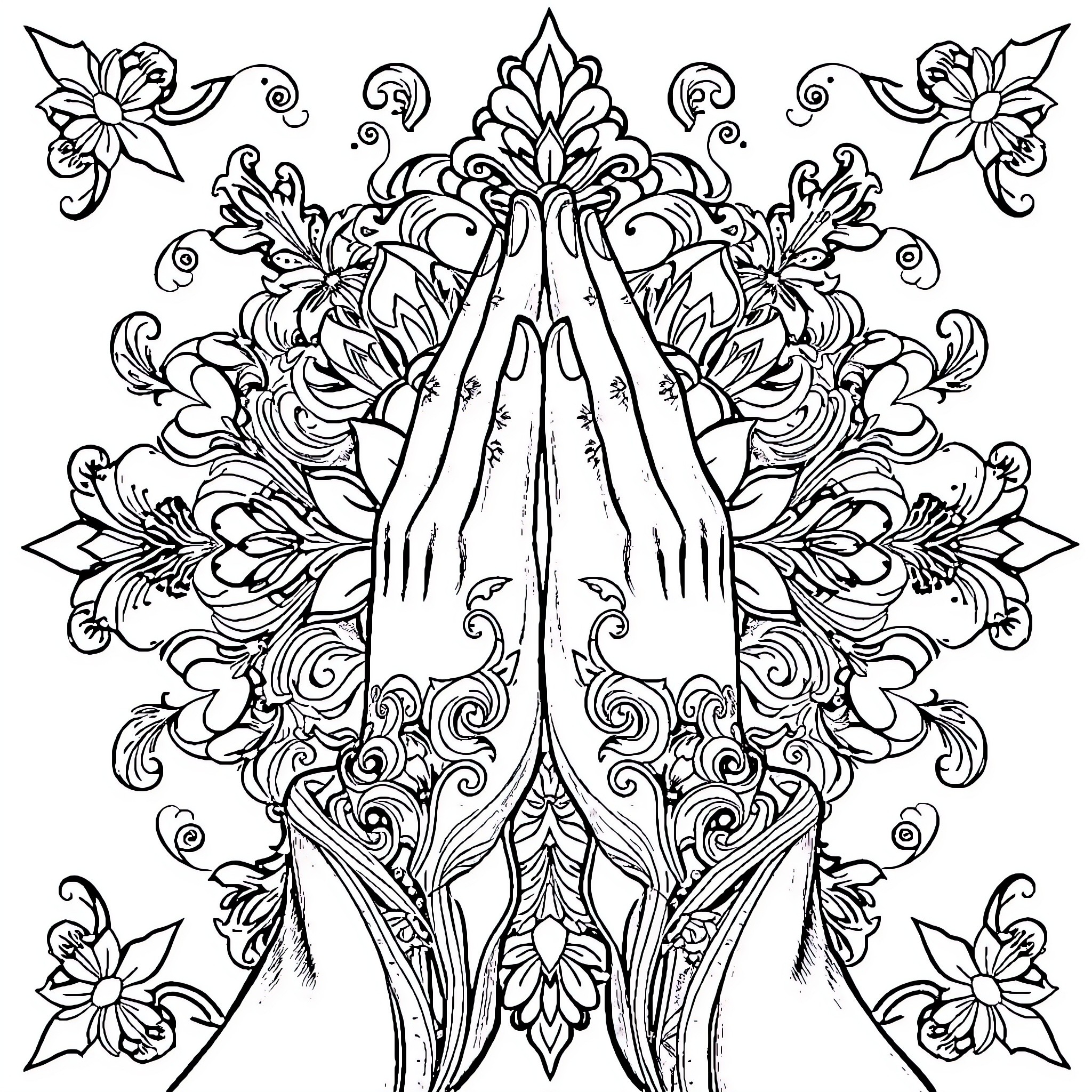Praying Hands Surrounded by Ornate Floral Designs Coloring Page (free black-and-white line drawing printable PDF for all, from beginners to advanced learners, including children, teens, adults, and seniors)