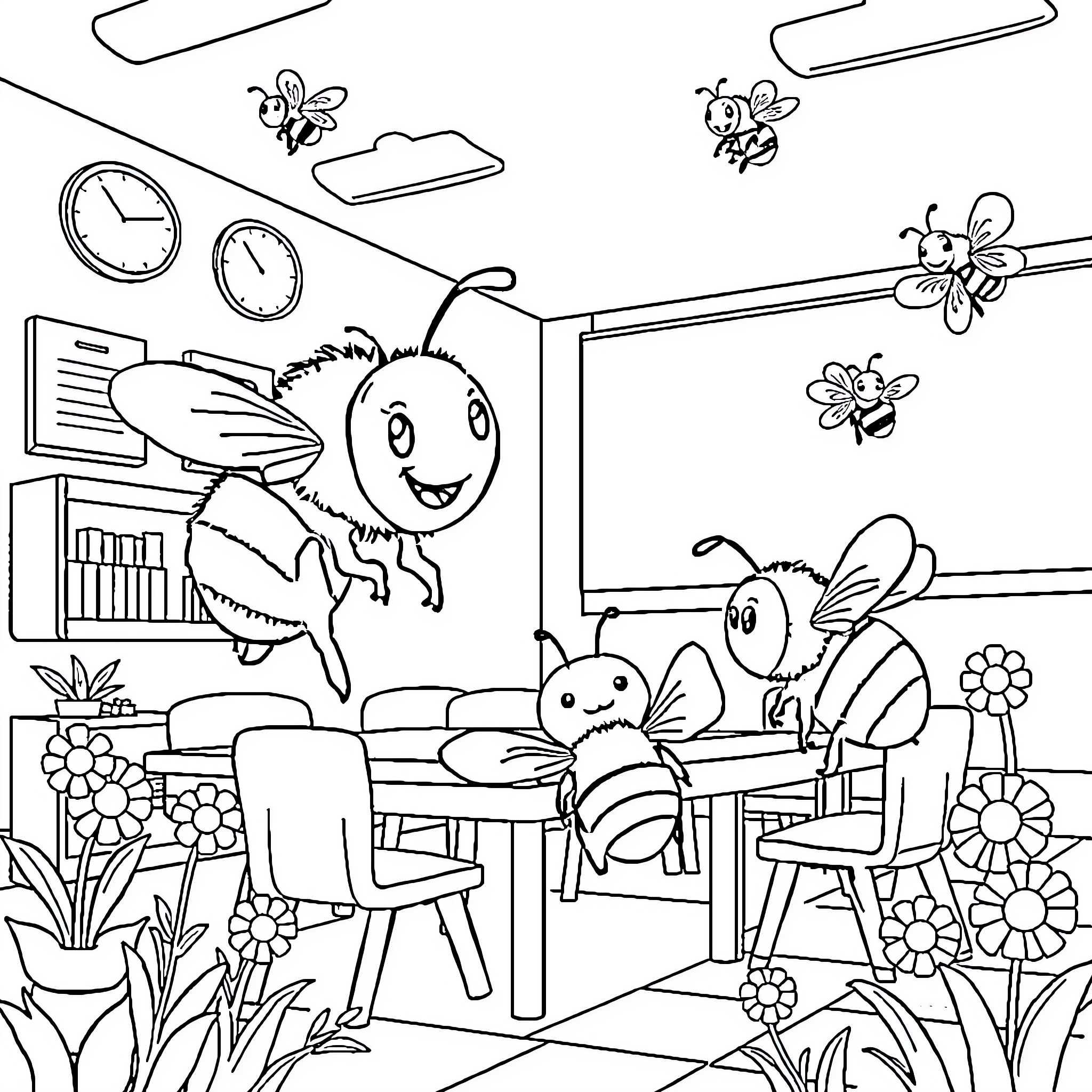 Bumblebee enjoying a playful day in the classroom Coloring Page (free black-and-white line drawing printable PDF for all, from beginners to advanced learners, including children, teens, adults, and seniors)