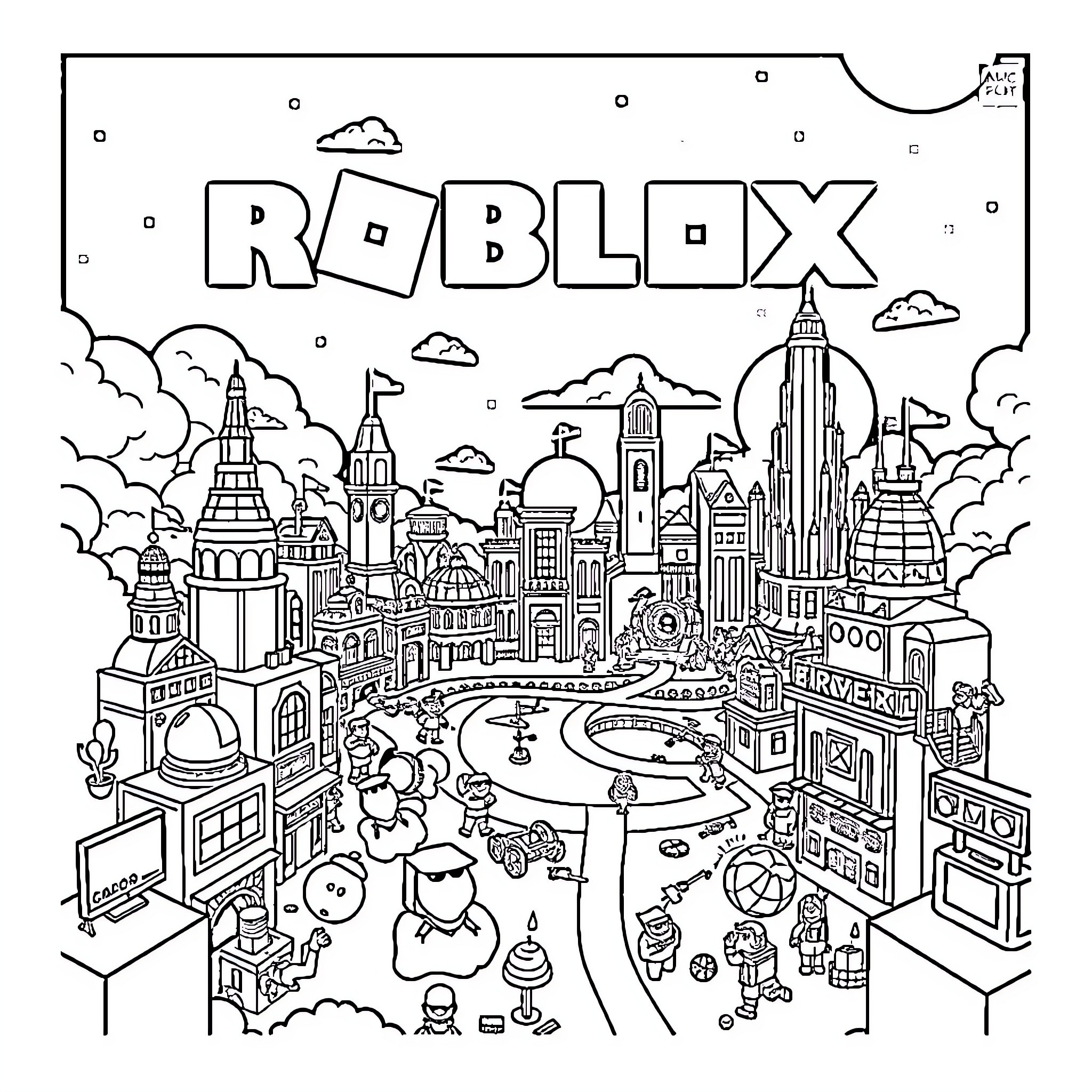 Roblox City Adventure with Diverse Characters Coloring Page (free black-and-white line drawing printable PDF for all, from beginners to advanced learners, including children, teens, adults, and seniors)