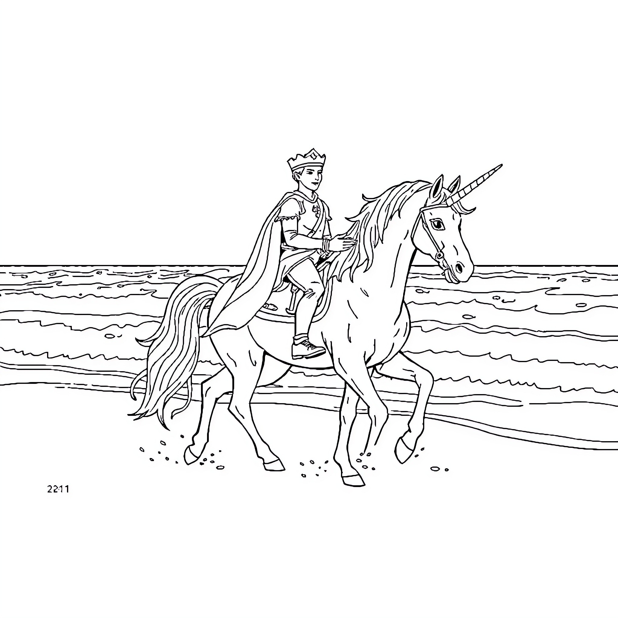 Prince riding a unicorn on the beach Coloring Page (free black-and-white line drawing printable PDF for all, from beginners to advanced learners, including children, teens, adults, and seniors)