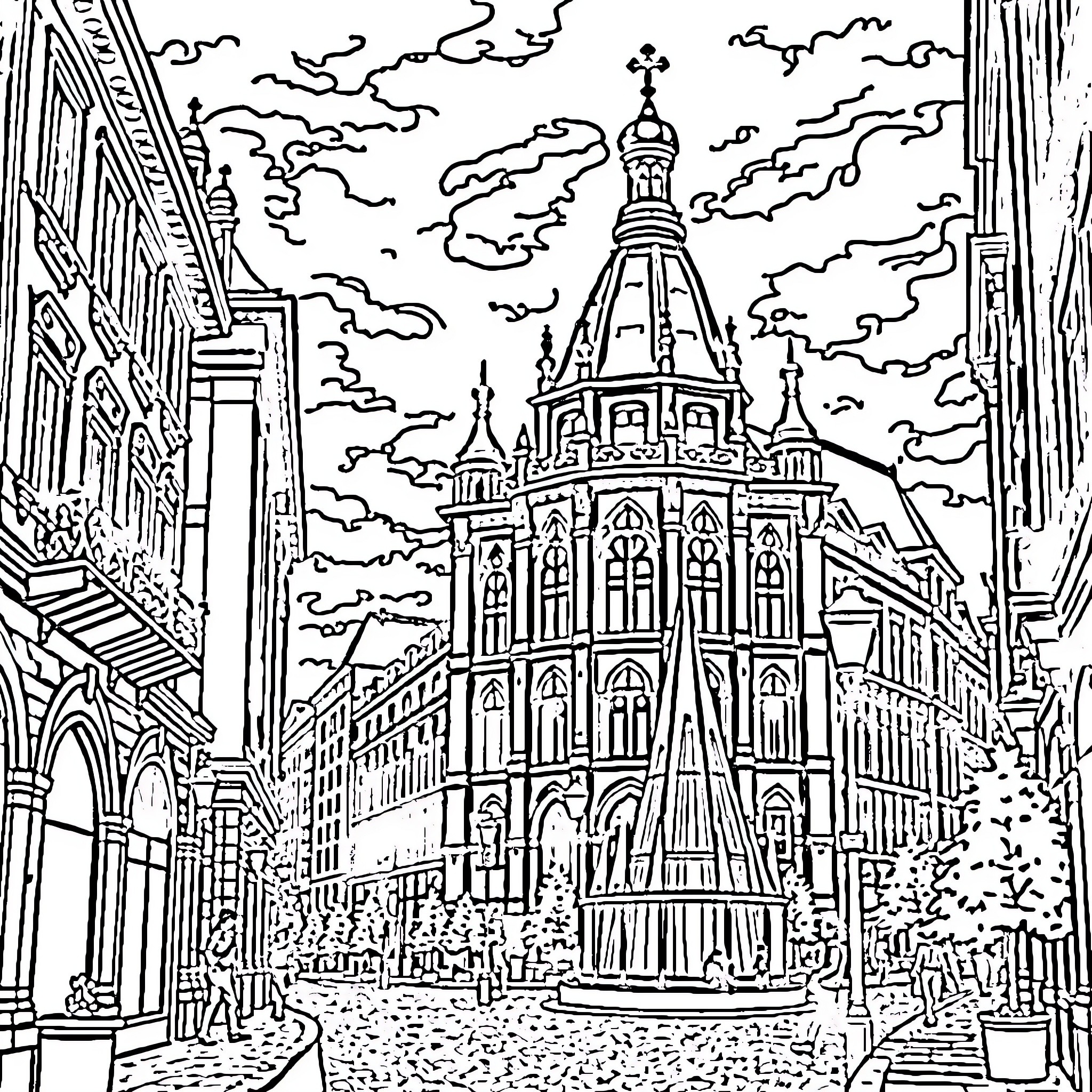 Vilnius cityscape with ornate cathedral and cloudy sky Coloring Page (free black-and-white line drawing printable PDF for all, from beginners to advanced learners, including children, teens, adults, and seniors)