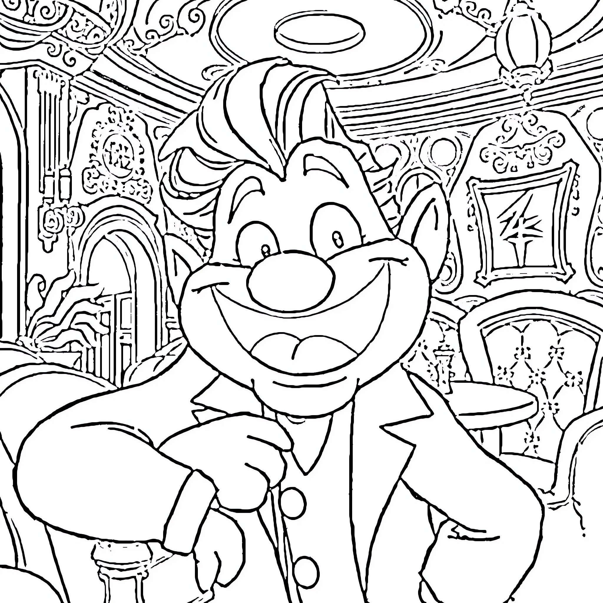 Alastor's Amusing Antics in Whimsical Wonderland Coloring Page (free black-and-white line drawing printable PDF for all, from beginners to advanced learners, including children, teens, adults, and seniors)