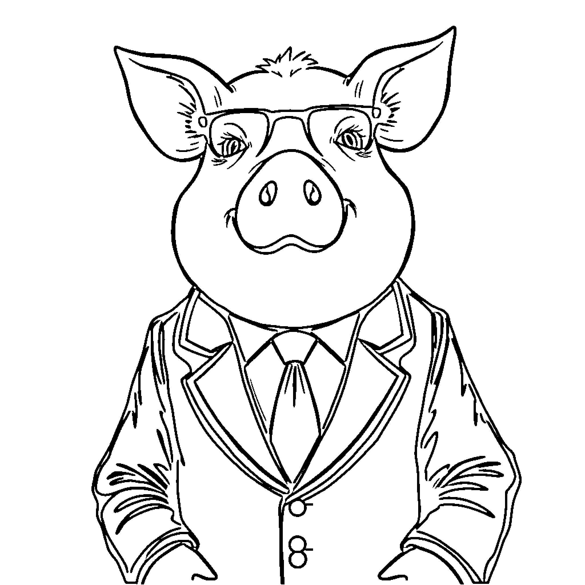 Pig in a formal suit and glasses Coloring Page (free black-and-white line drawing printable PDF for all, from beginners to advanced learners, including children, teens, adults, and seniors)