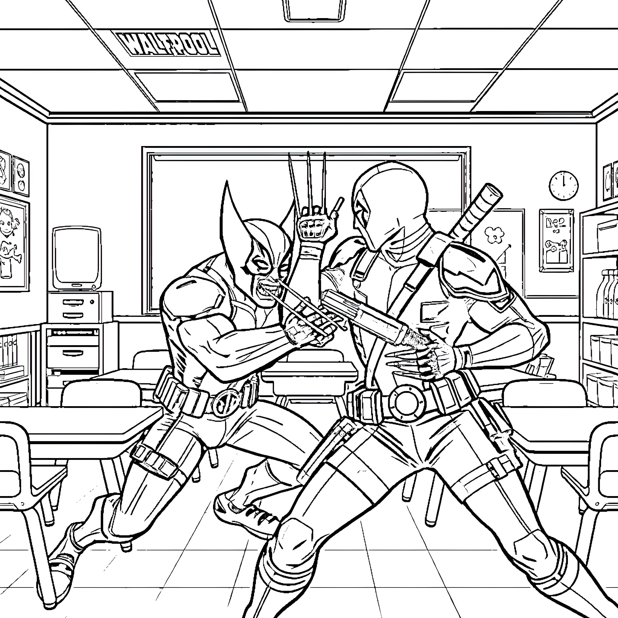 Wolverine and Deadpool in School Conflict Coloring Page (free black-and-white line drawing printable PDF for all, from beginners to advanced learners, including children, teens, adults, and seniors)