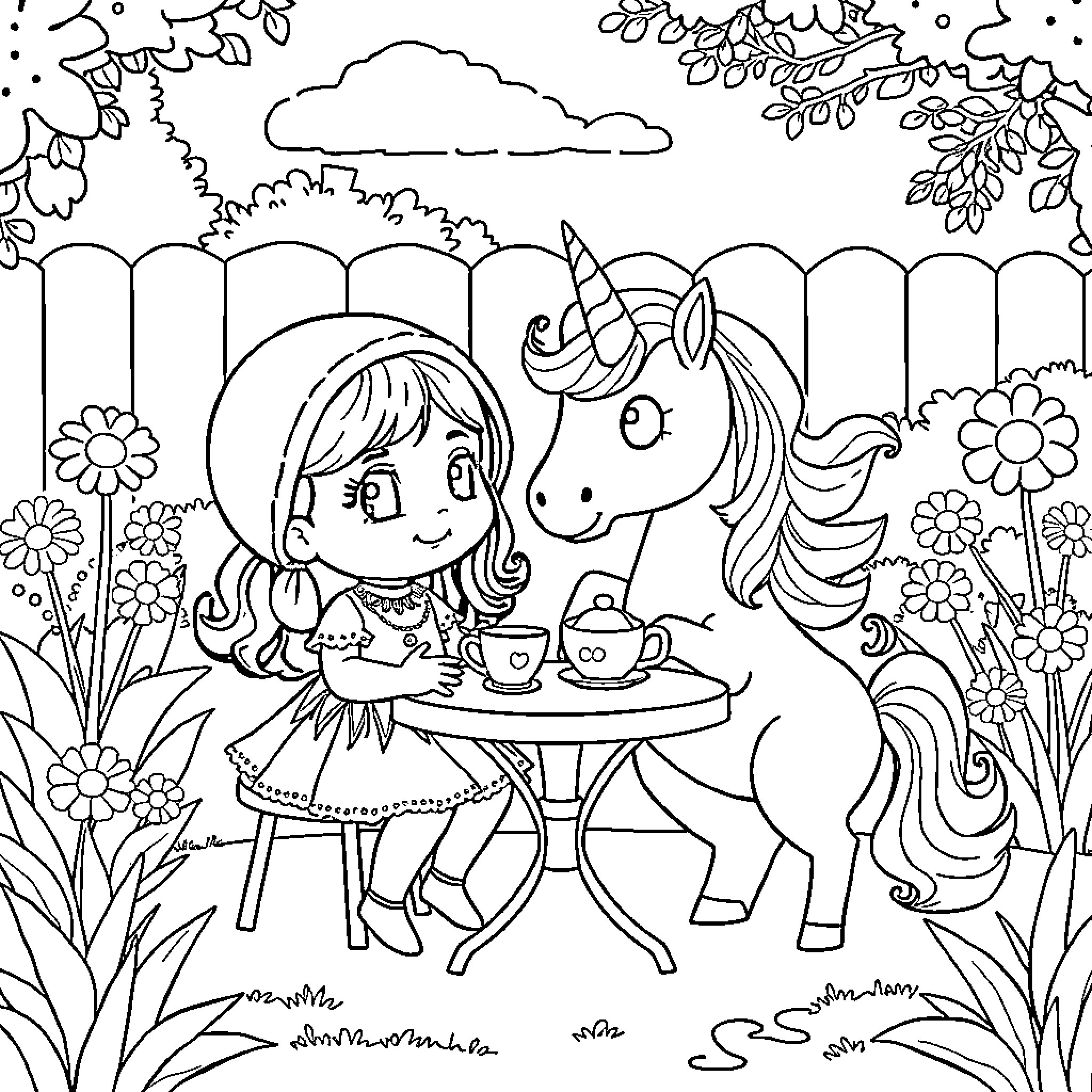 Baby Saja Enjoying Tea Party with Unicorn Coloring Page (free black-and-white line drawing printable PDF for all, from beginners to advanced learners, including children, teens, adults, and seniors)