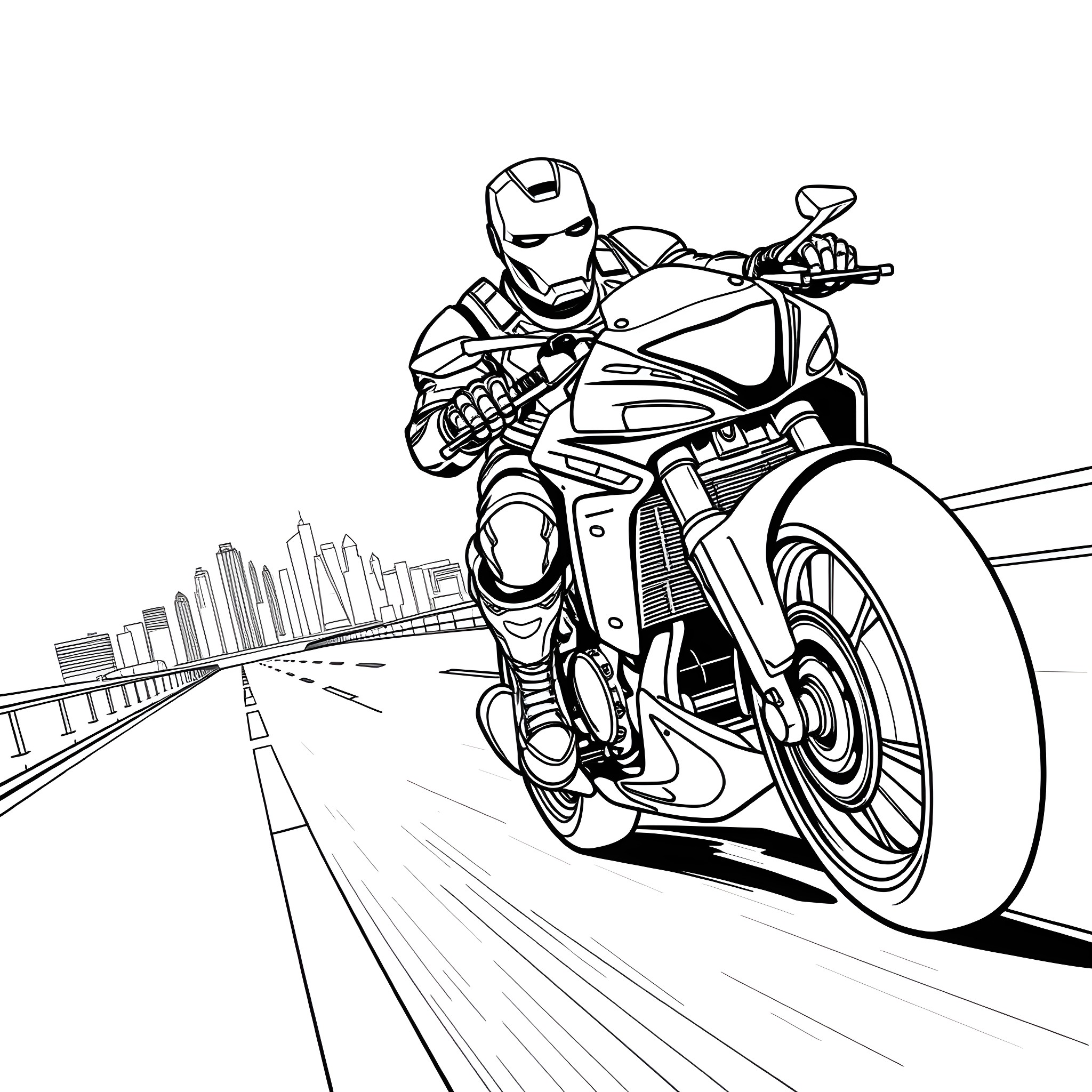 Iron Man Riding a High-Speed Motorcycle Coloring Page (free black-and-white line drawing printable PDF for all, from beginners to advanced learners, including children, teens, adults, and seniors)