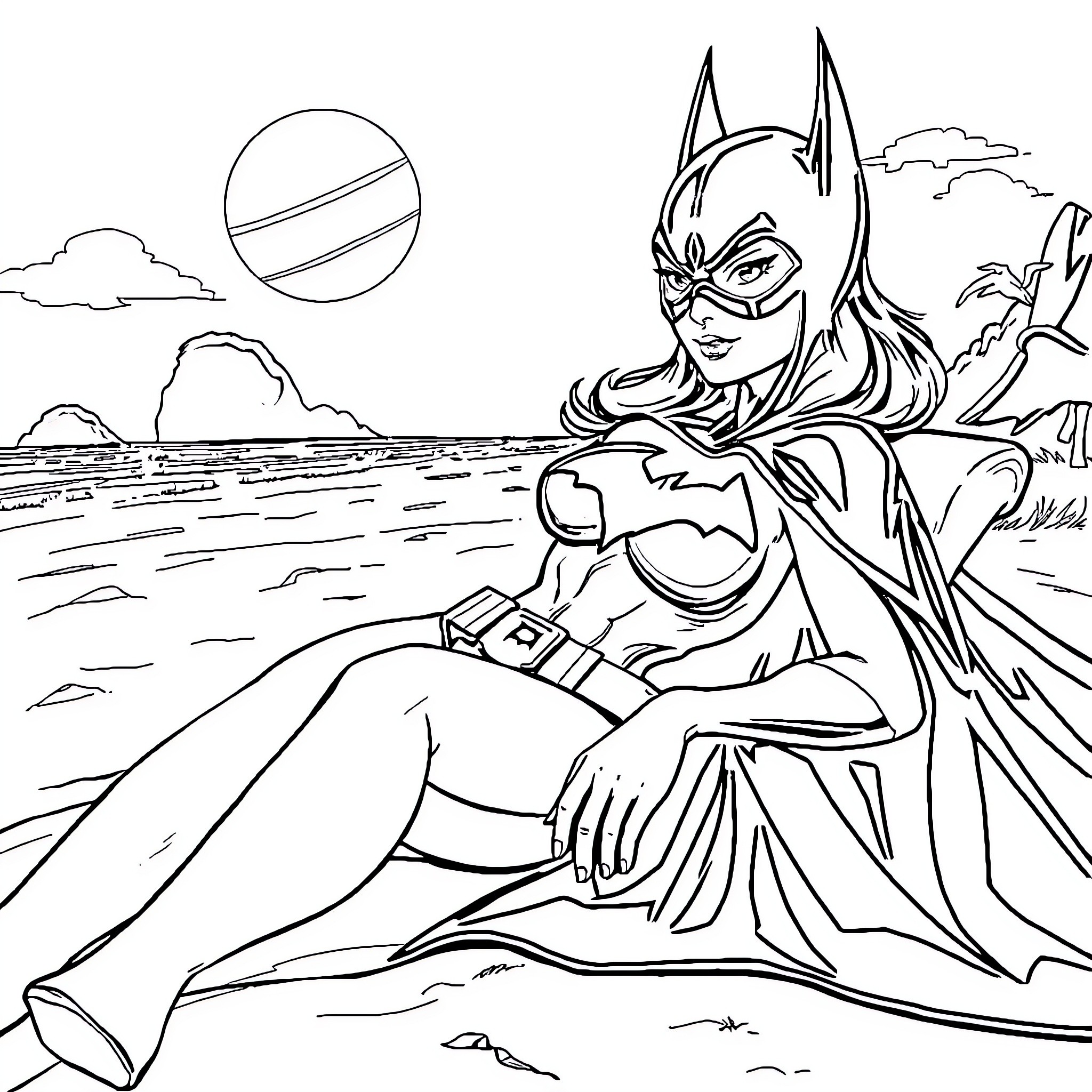 Batgirl overlooking the scenic landscape Coloring Page (free black-and-white line drawing printable PDF for all, from beginners to advanced learners, including children, teens, adults, and seniors)