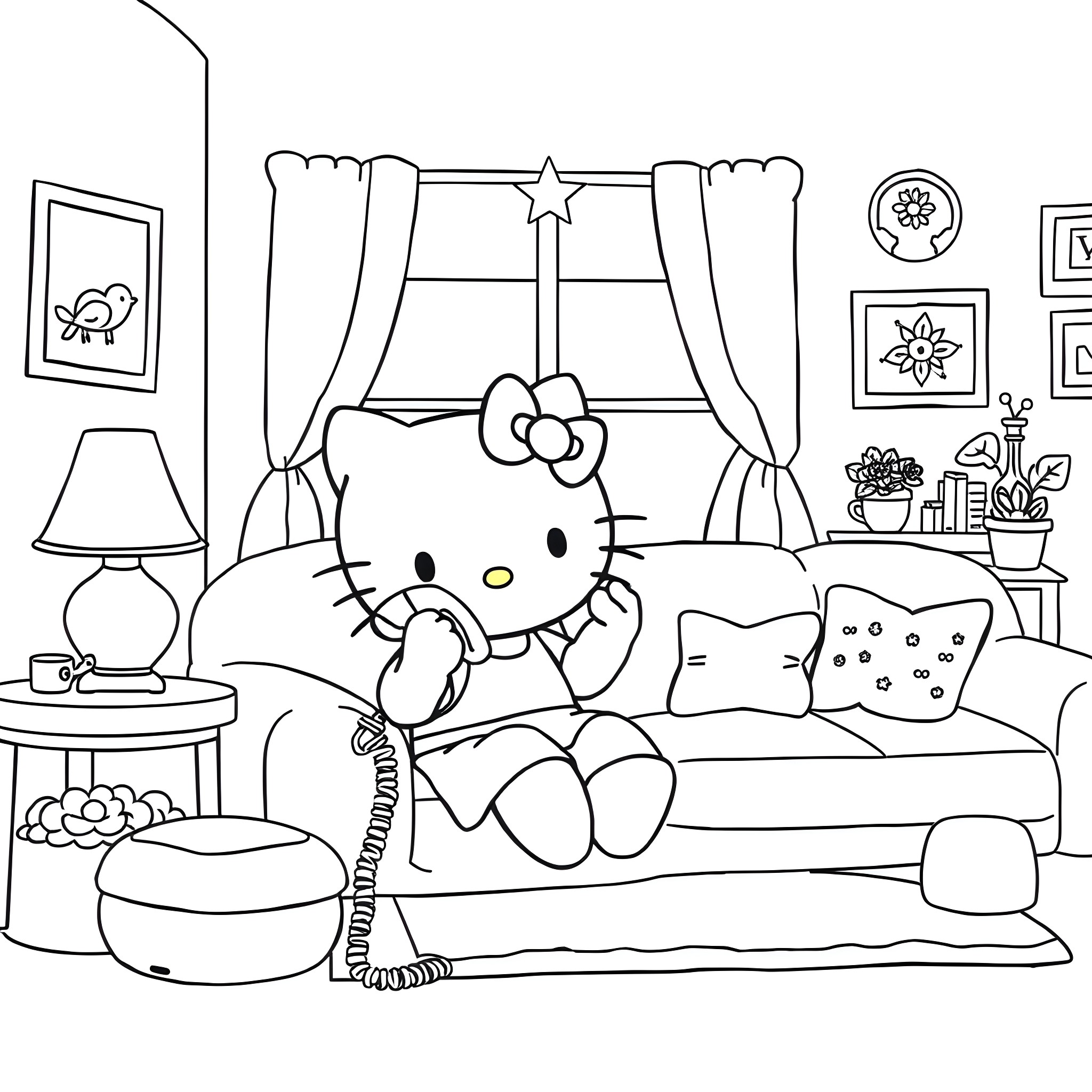 Hello Kitty relaxing comfortably in her living room Coloring Page (free black-and-white line drawing printable PDF for all, from beginners to advanced learners, including children, teens, adults, and seniors)