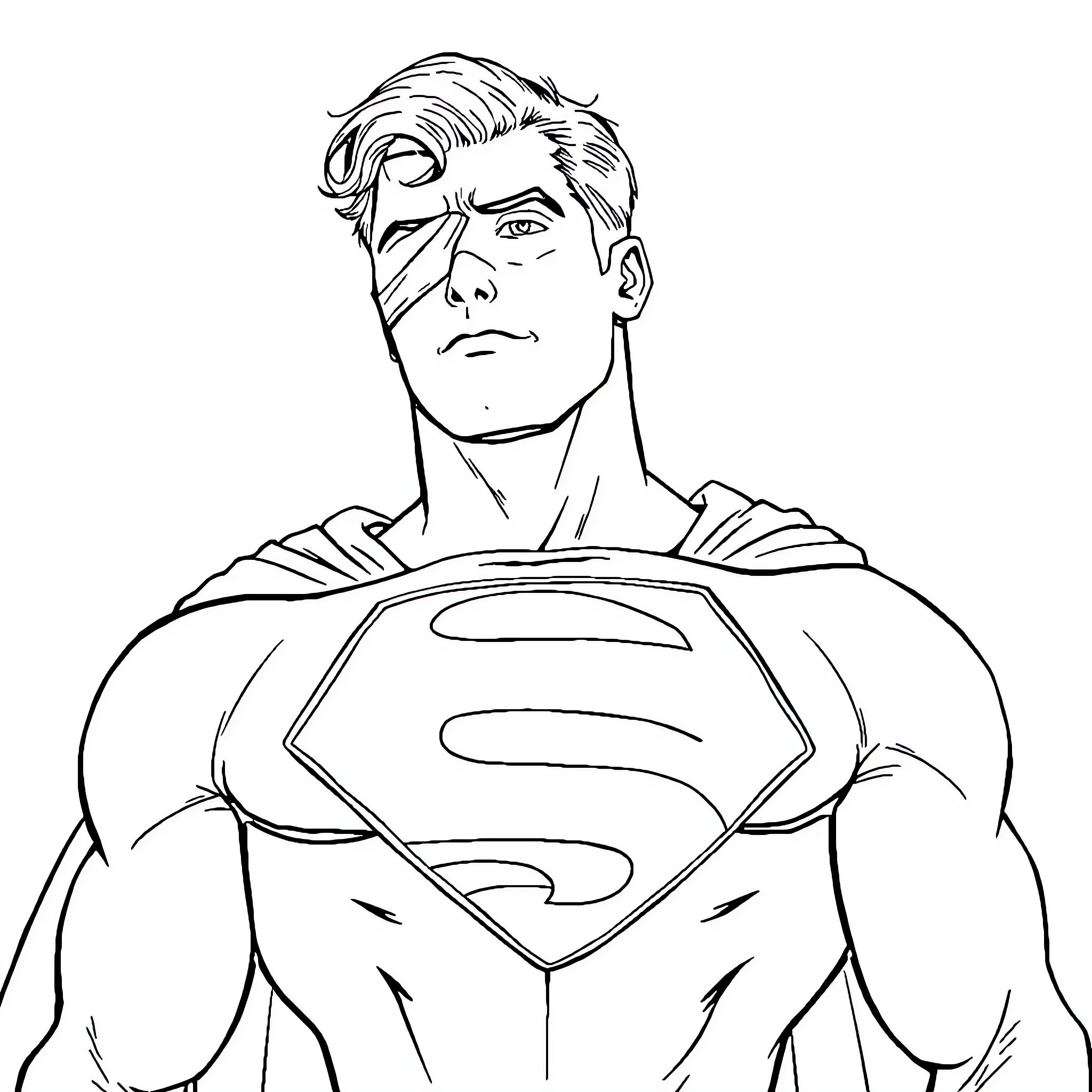 Superman with determined expression in heroic pose Coloring Page (free black-and-white line drawing printable PDF for all, from beginners to advanced learners, including children, teens, adults, and seniors)