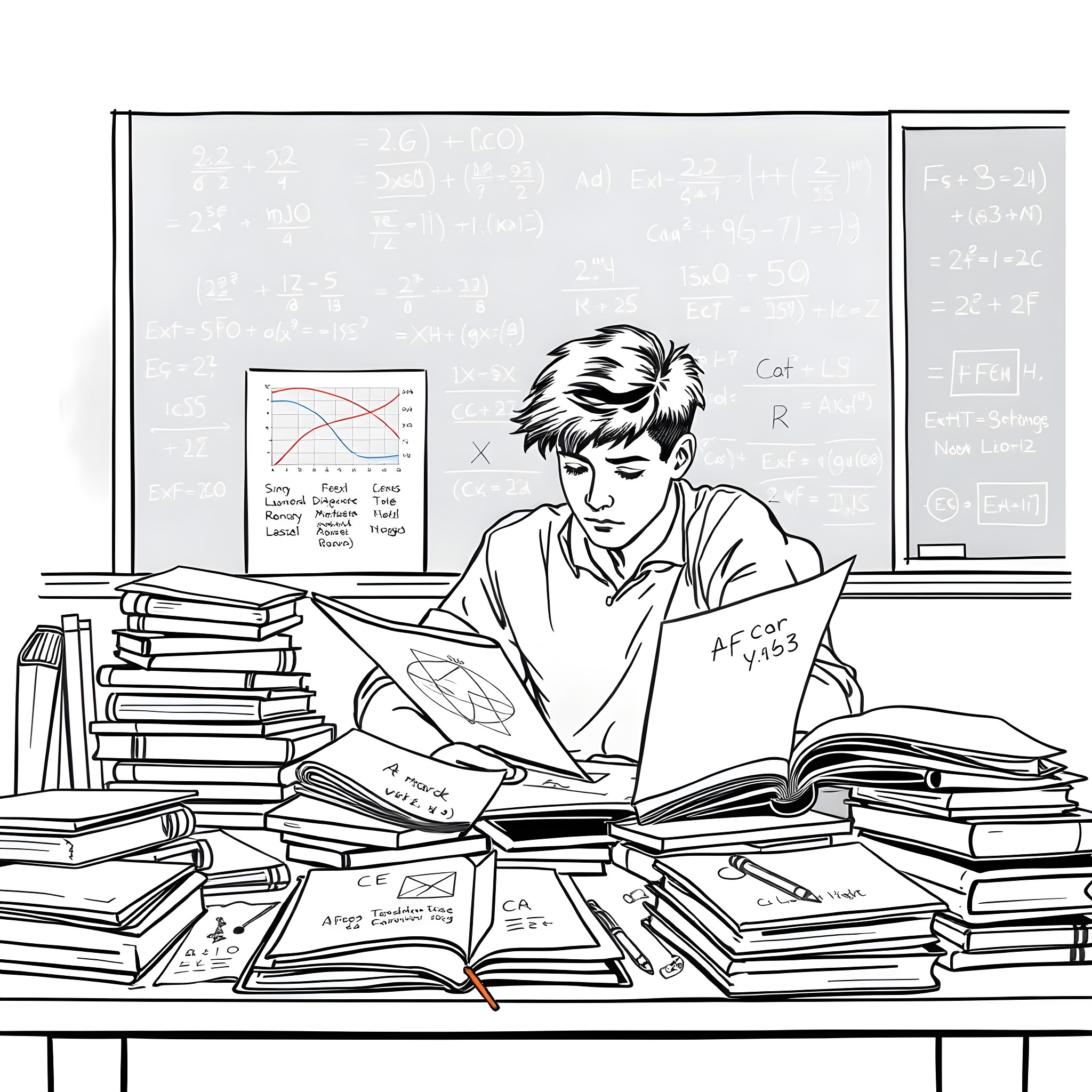 Man studying diligently in a classroom filled with books Coloring Page (free black-and-white line drawing printable PDF for all, from beginners to advanced learners, including children, teens, adults, and seniors)