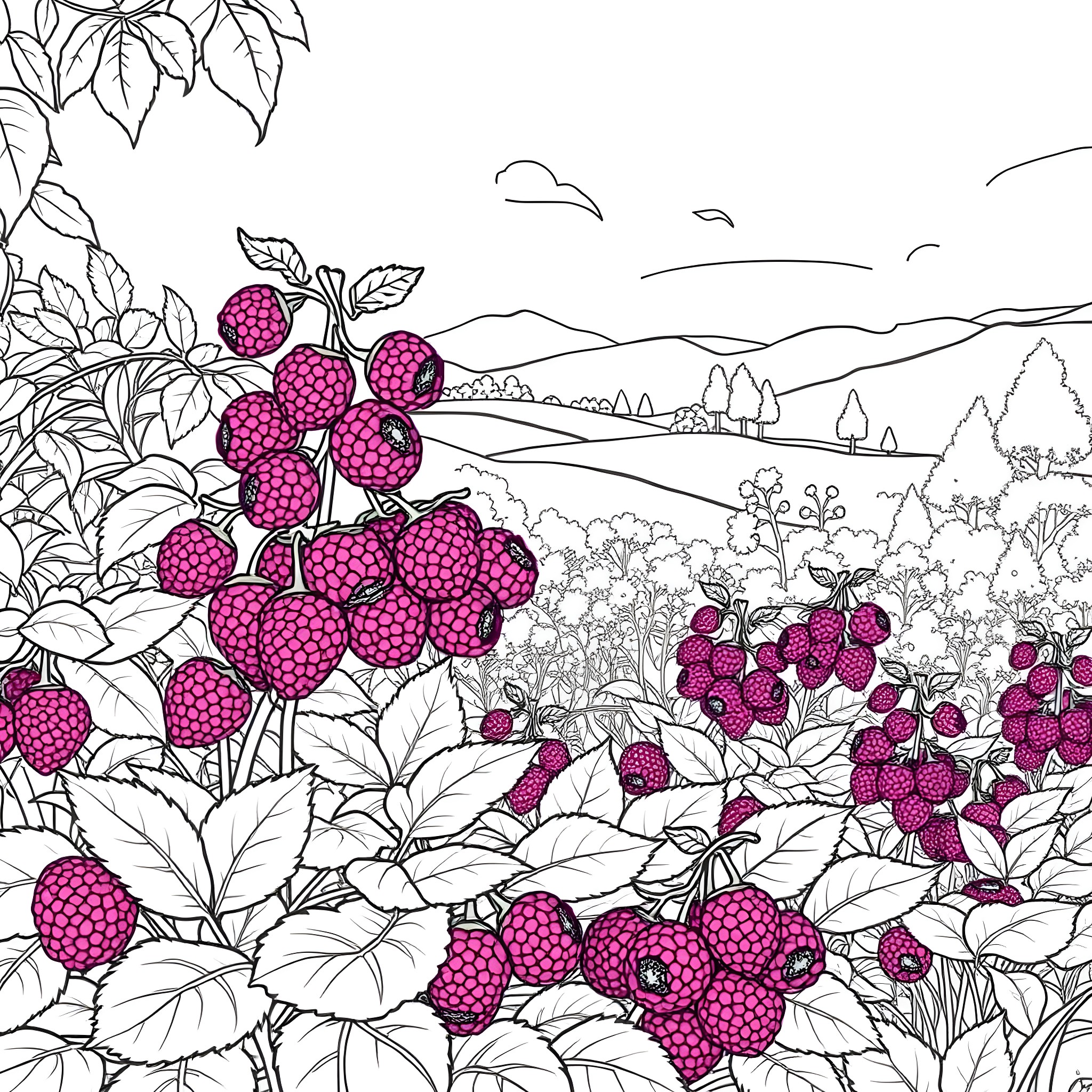 Boysenberry Abundance in the Countryside Coloring Page (free black-and-white line drawing printable PDF for all, from beginners to advanced learners, including children, teens, adults, and seniors)