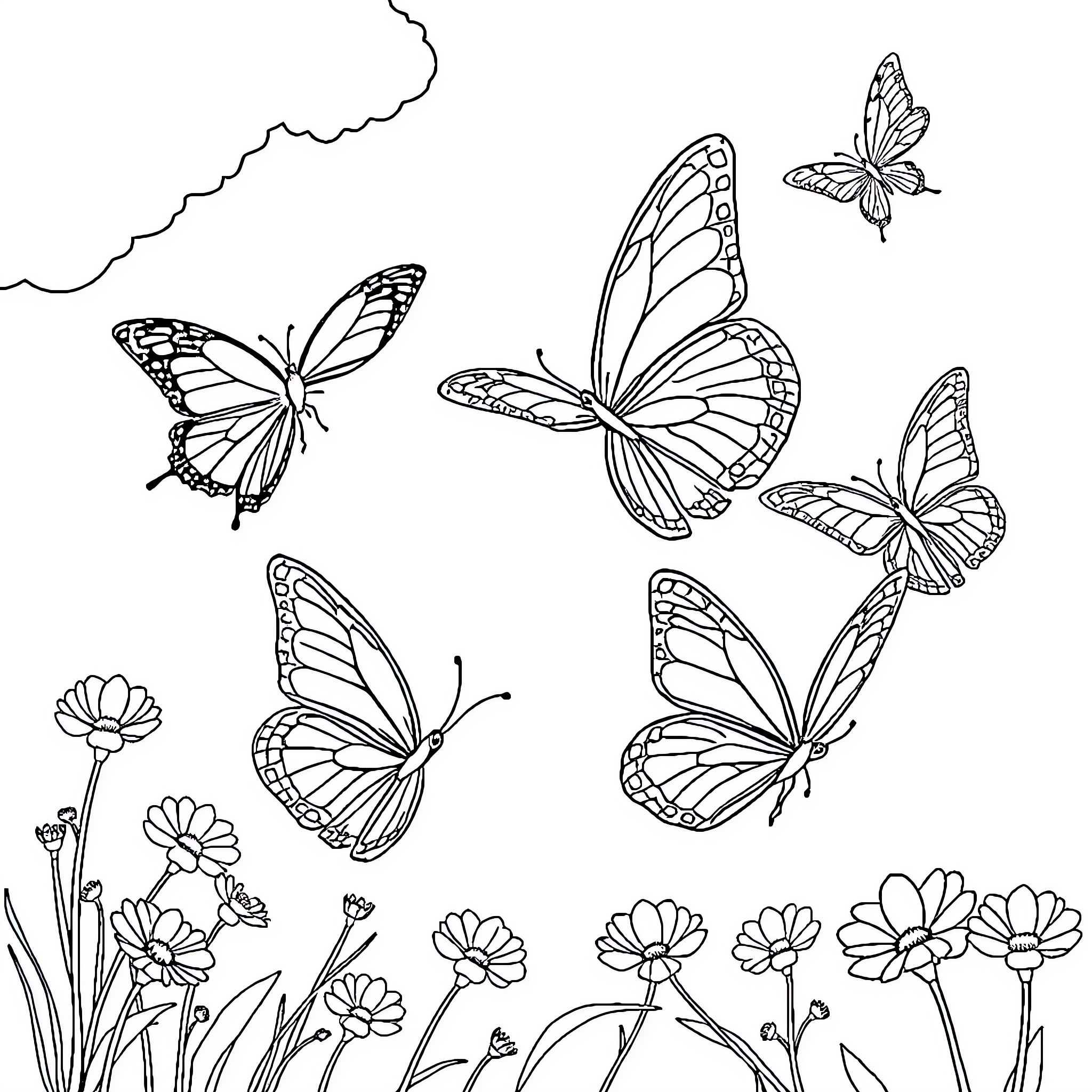 Butterfly Dancers in a Floral Garden Coloring Page (free black-and-white line drawing printable PDF for all, from beginners to advanced learners, including children, teens, adults, and seniors)
