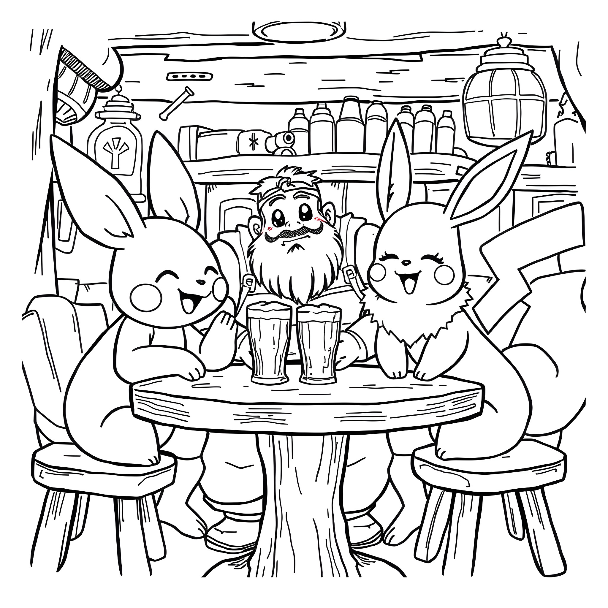 Patamon having fun with friends at the bar Coloring Page (free black-and-white line drawing printable PDF for all, from beginners to advanced learners, including children, teens, adults, and seniors)