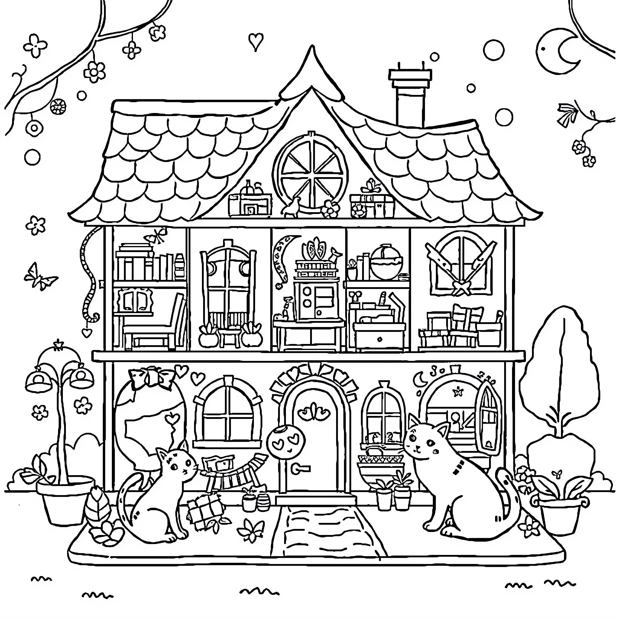Gabby's Whimsical Cottage and Feline Friends Coloring Page (free black-and-white line drawing printable PDF for all, from beginners to advanced learners, including children, teens, adults, and seniors)