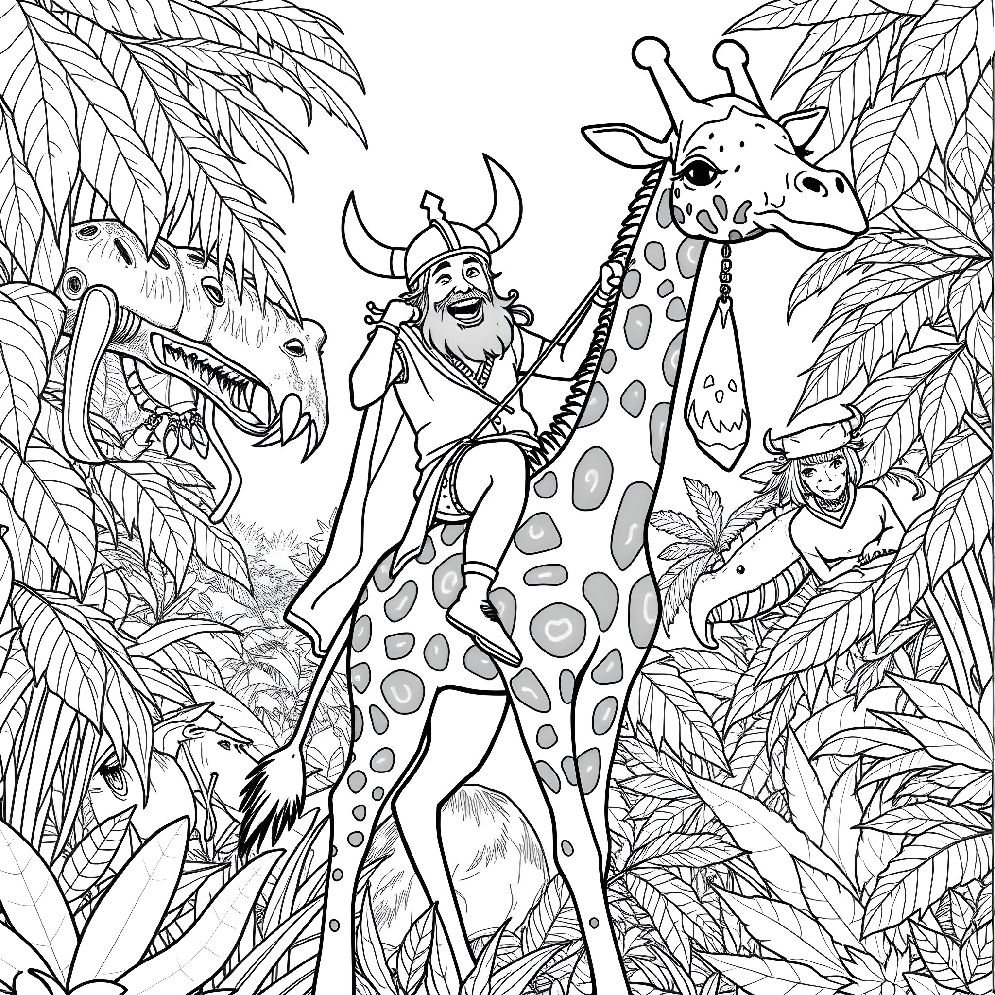 Tommy Chong dancing joyfully with exotic animals in the jungle Coloring Page (free black-and-white line drawing printable PDF for all, from beginners to advanced learners, including children, teens, adults, and seniors)