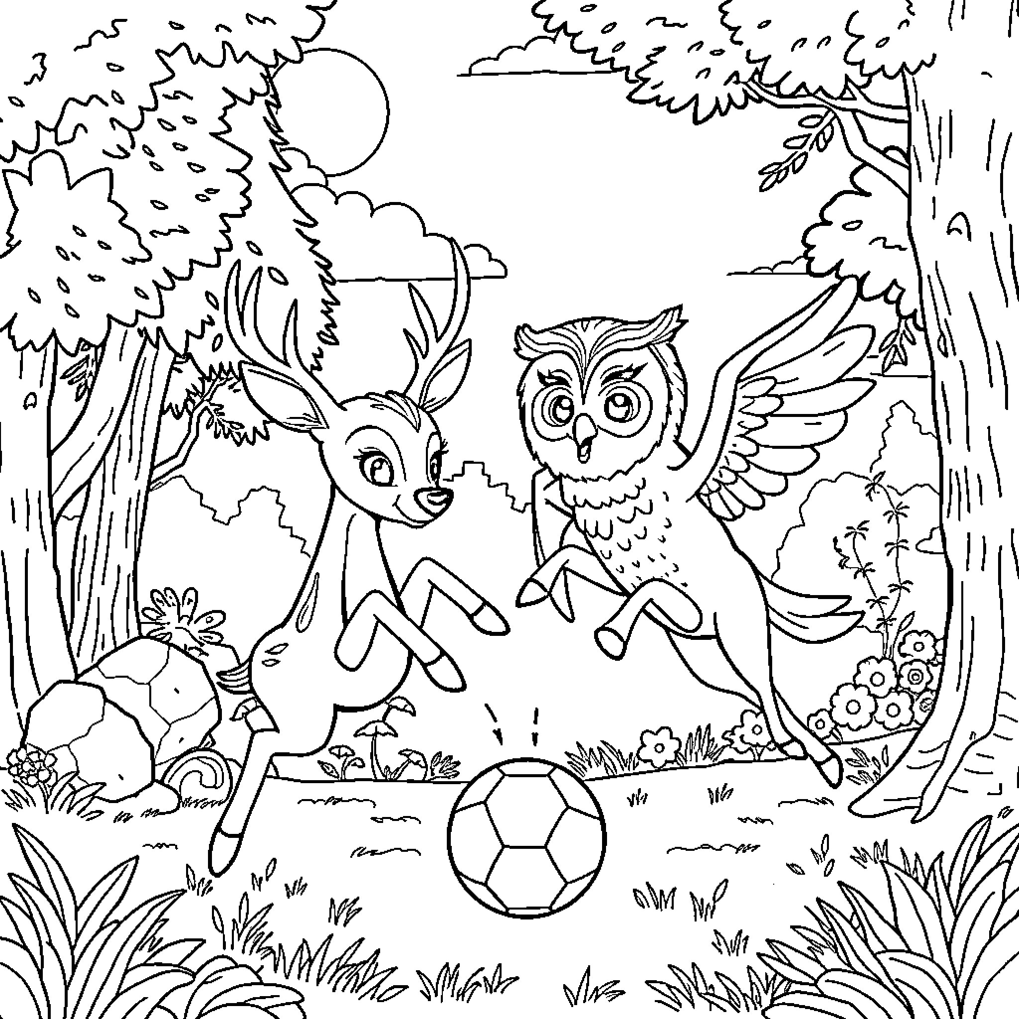Forest Characters Enjoying a Playful Afternoon Coloring Page (free black-and-white line drawing printable PDF for all, from beginners to advanced learners, including children, teens, adults, and seniors)