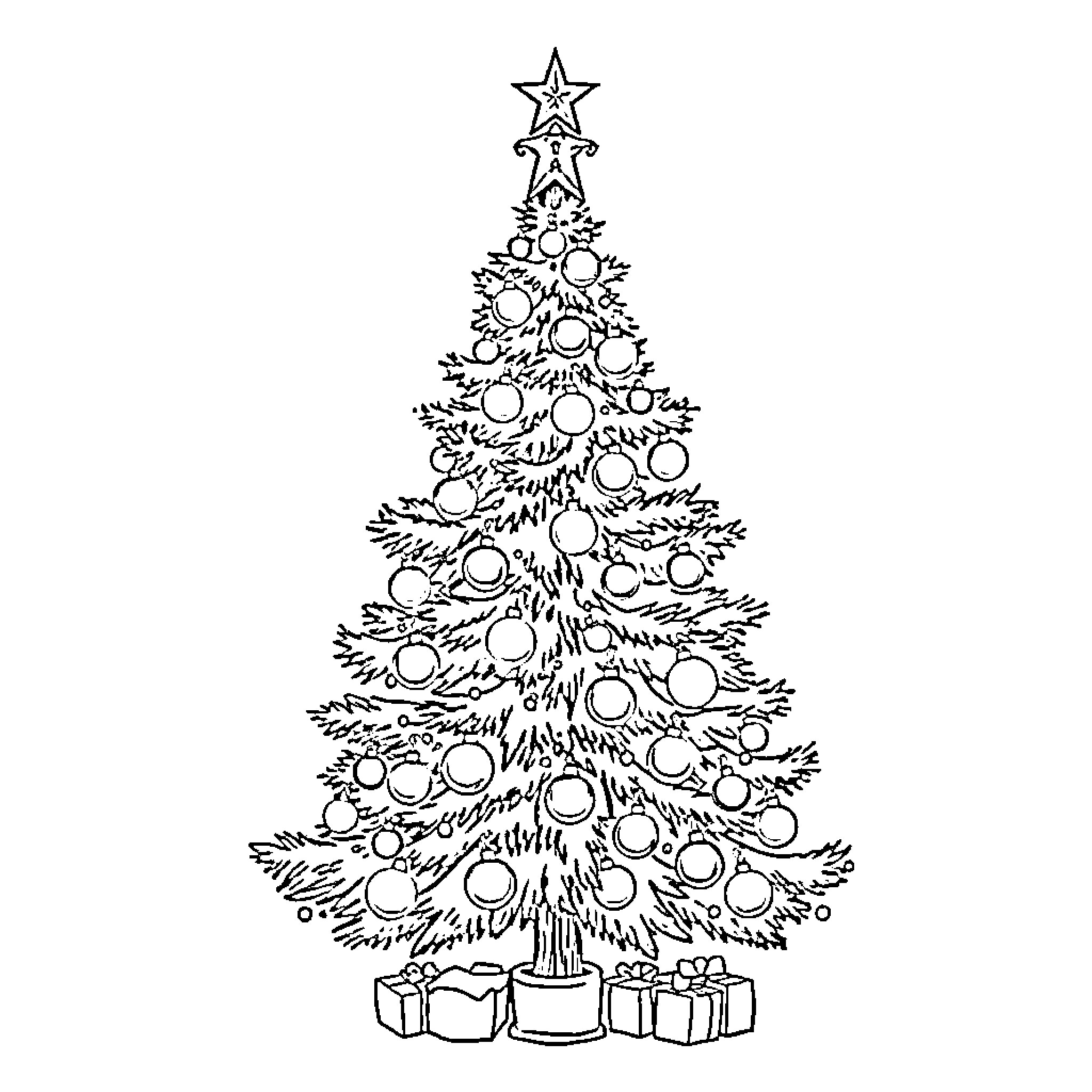 Christmas Tree with Ornaments and Gifts Coloring Page (free black-and-white line drawing printable PDF for all, from beginners to advanced learners, including children, teens, adults, and seniors)
