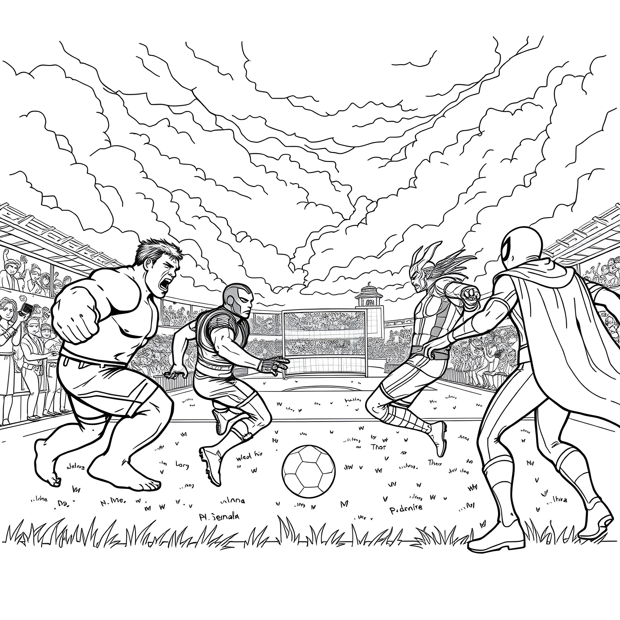Hulk characters playing soccer on the field Coloring Page (free black-and-white line drawing printable PDF for all, from beginners to advanced learners, including children, teens, adults, and seniors)