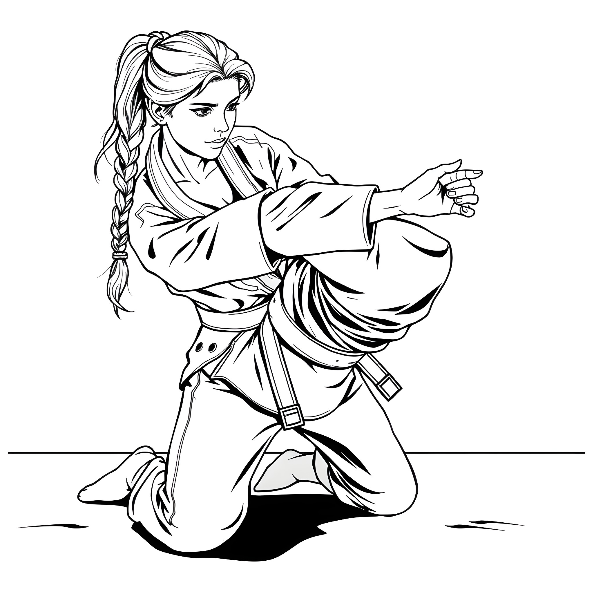 Elsa in a Martial Arts Pose Coloring Page (free black-and-white line drawing printable PDF for all, from beginners to advanced learners, including children, teens, adults, and seniors)