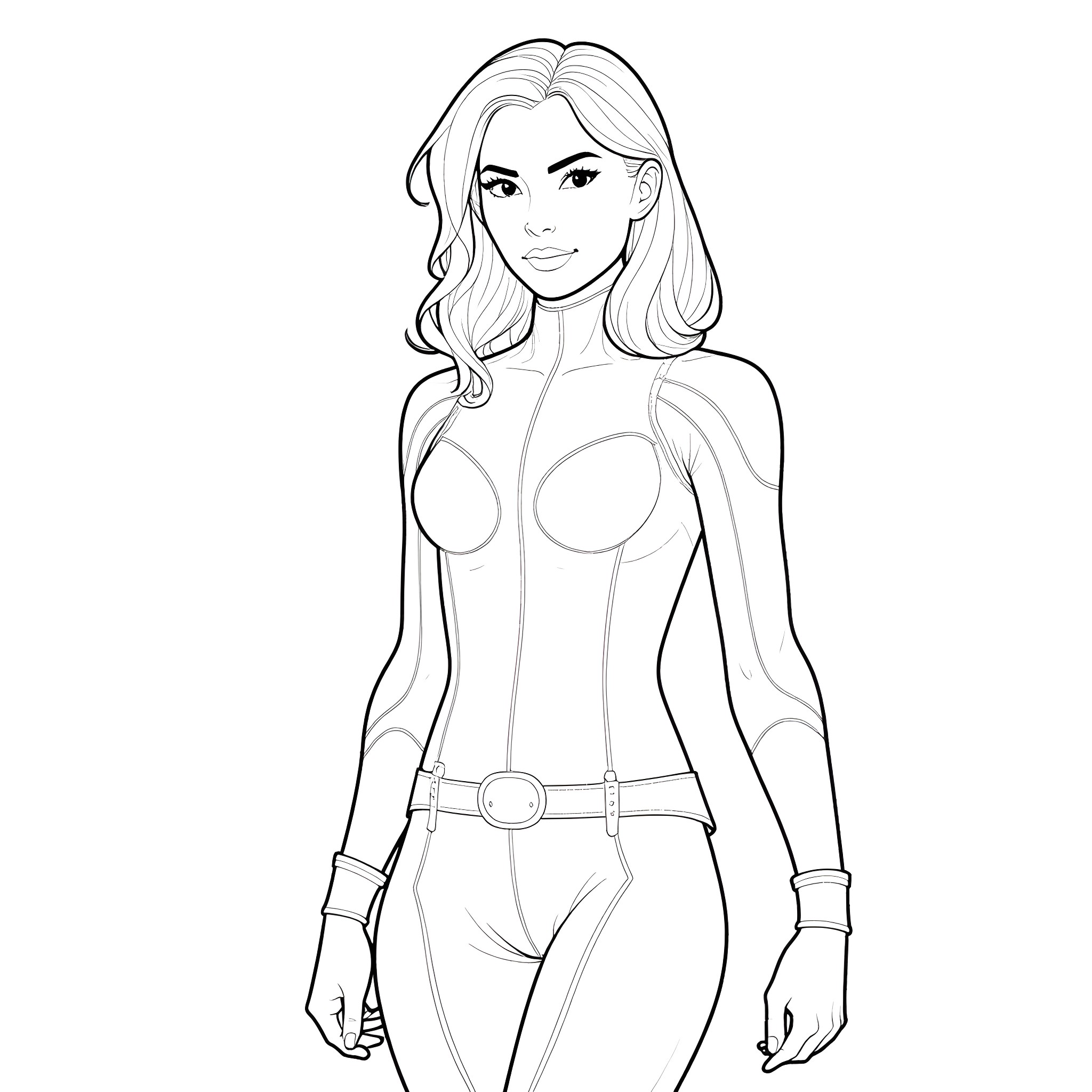 Natasha Romanoff in action-ready pose Coloring Page (free black-and-white line drawing printable PDF for all, from beginners to advanced learners, including children, teens, adults, and seniors)