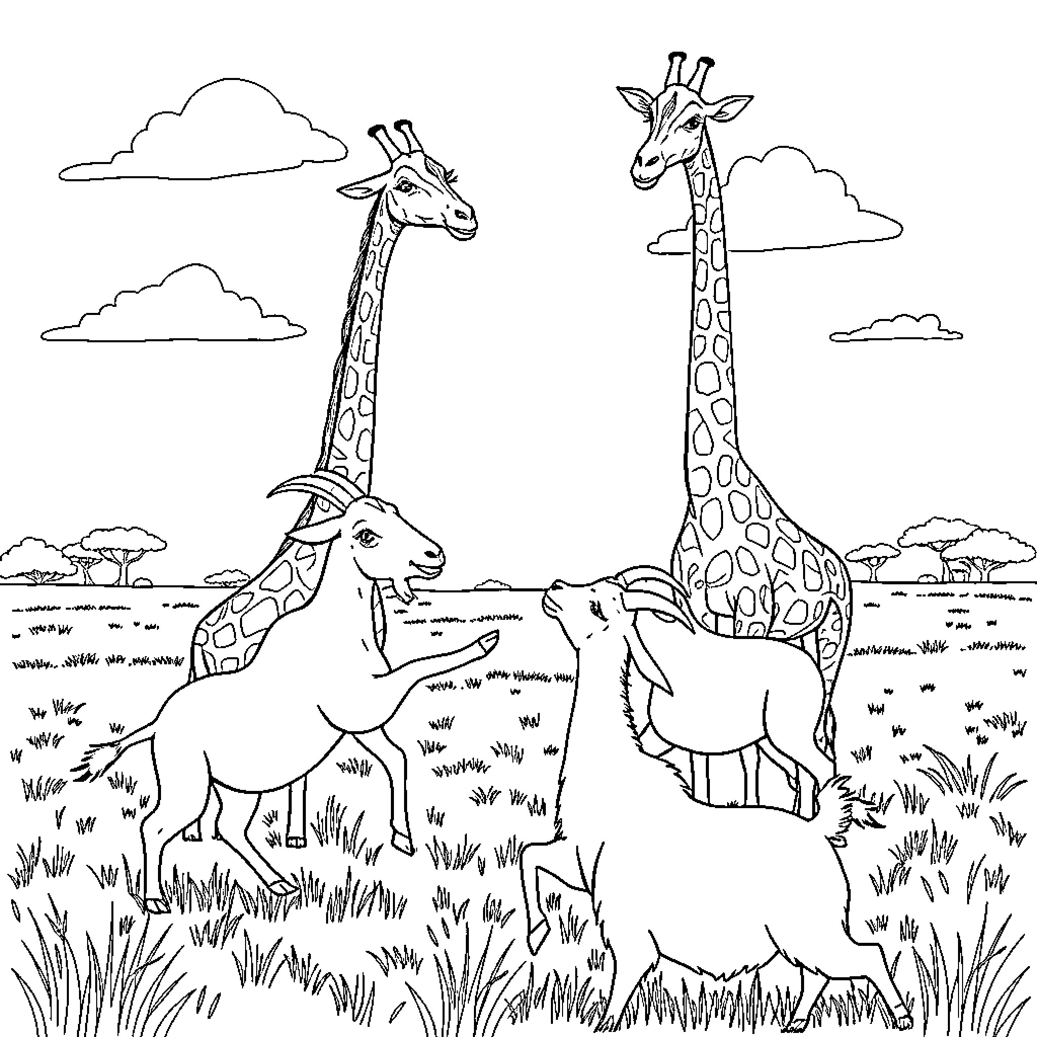 Goats and Giraffes Enjoying the Savannah Scenery Coloring Page (free black-and-white line drawing printable PDF for all, from beginners to advanced learners, including children, teens, adults, and seniors)