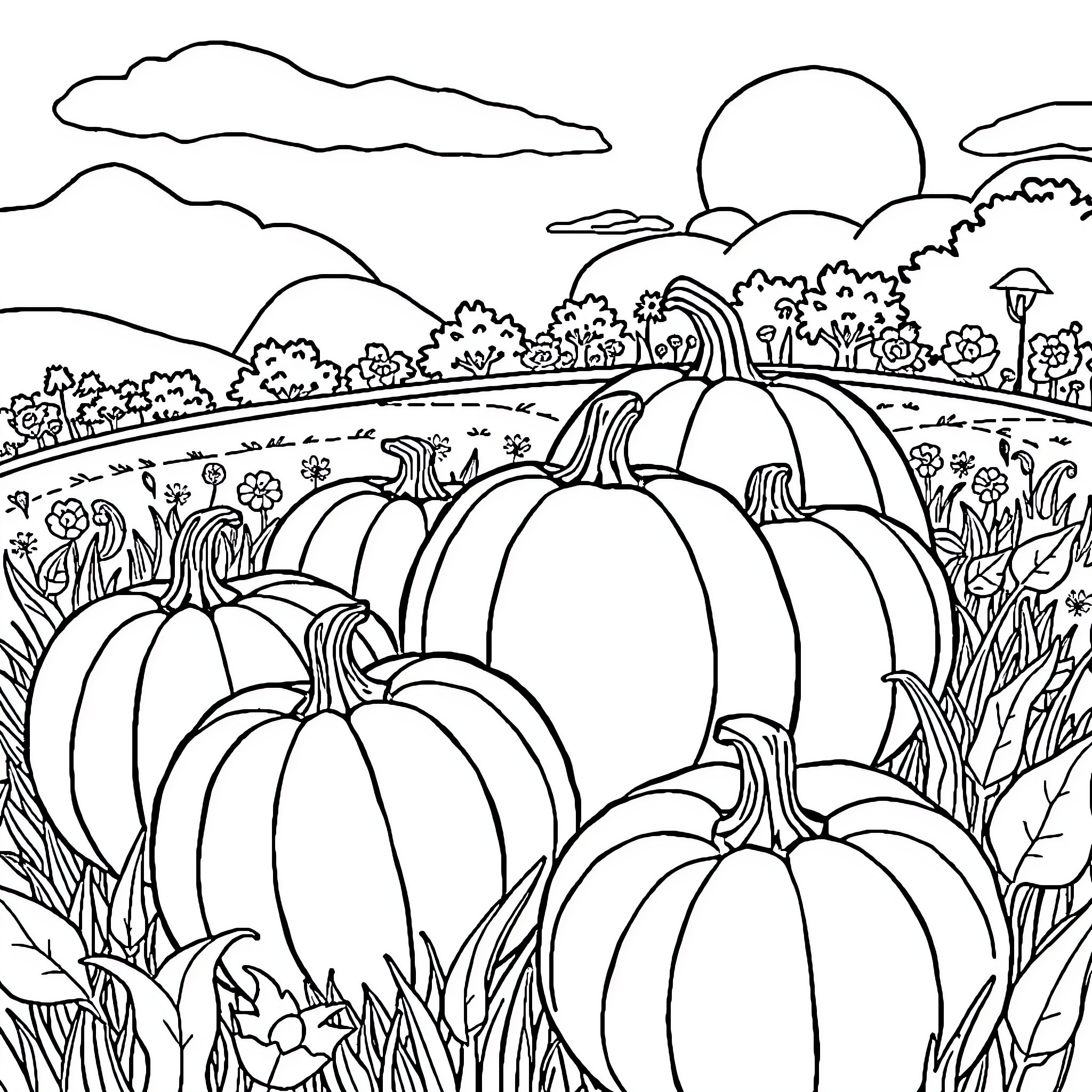 Pumpkins in a Serene Autumn Landscape Coloring Page (free black-and-white line drawing printable PDF for all, from beginners to advanced learners, including children, teens, adults, and seniors)