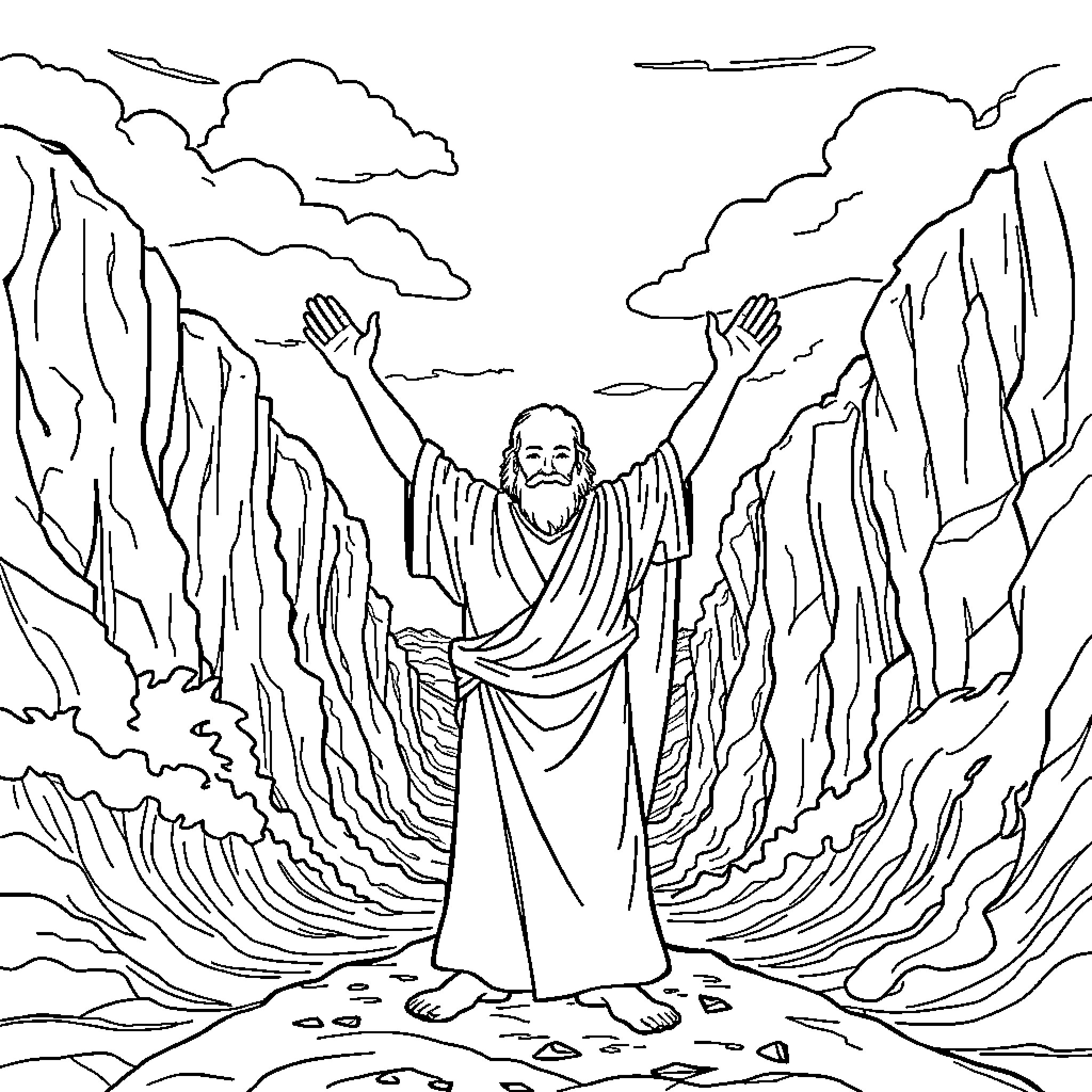 Moses parts the Red Sea with his outstretched arms Coloring Page (free black-and-white line drawing printable PDF for all, from beginners to advanced learners, including children, teens, adults, and seniors)