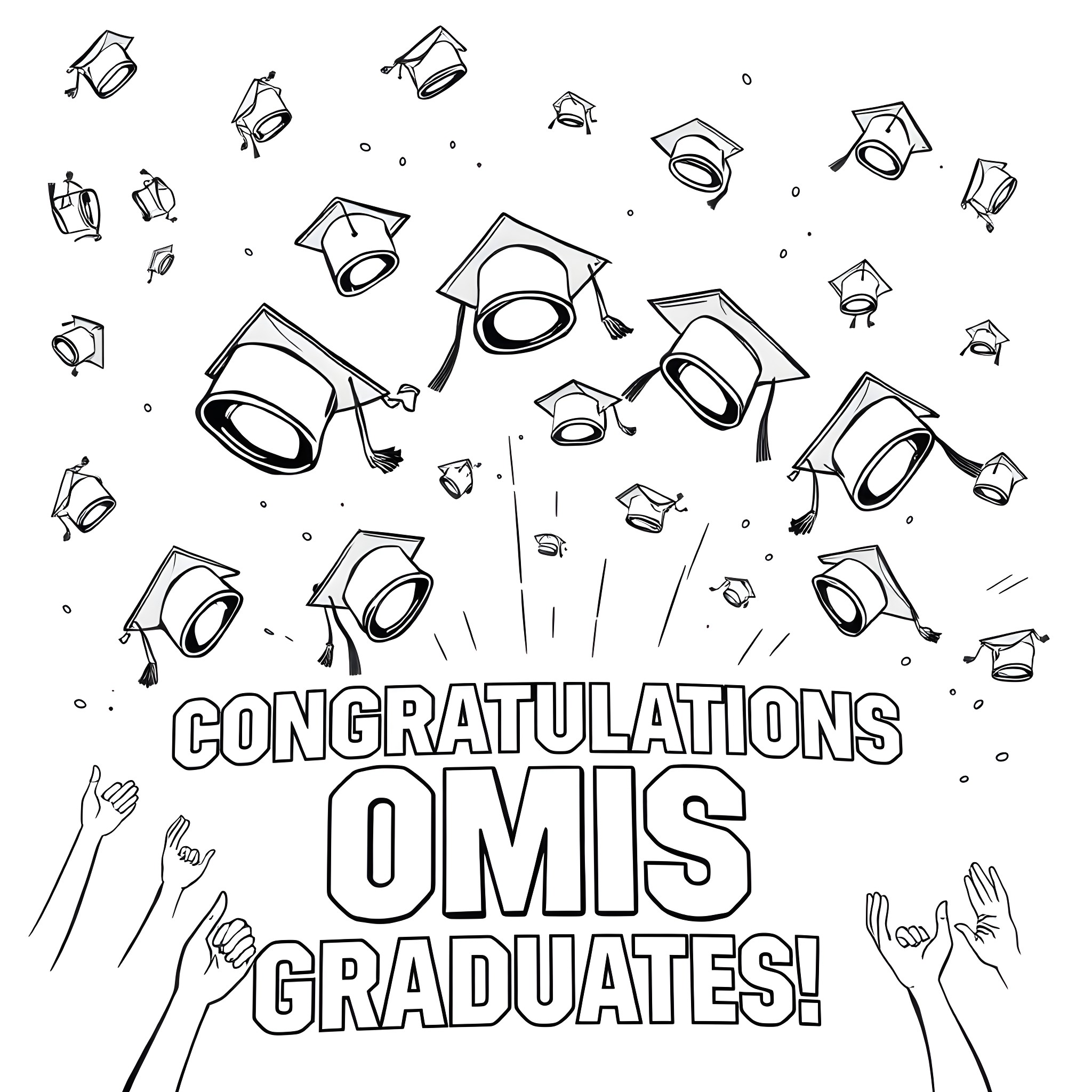 Graduation Hats Celebrating Graduates' Achievement Coloring Page (free black-and-white line drawing printable PDF for all, from beginners to advanced learners, including children, teens, adults, and seniors)