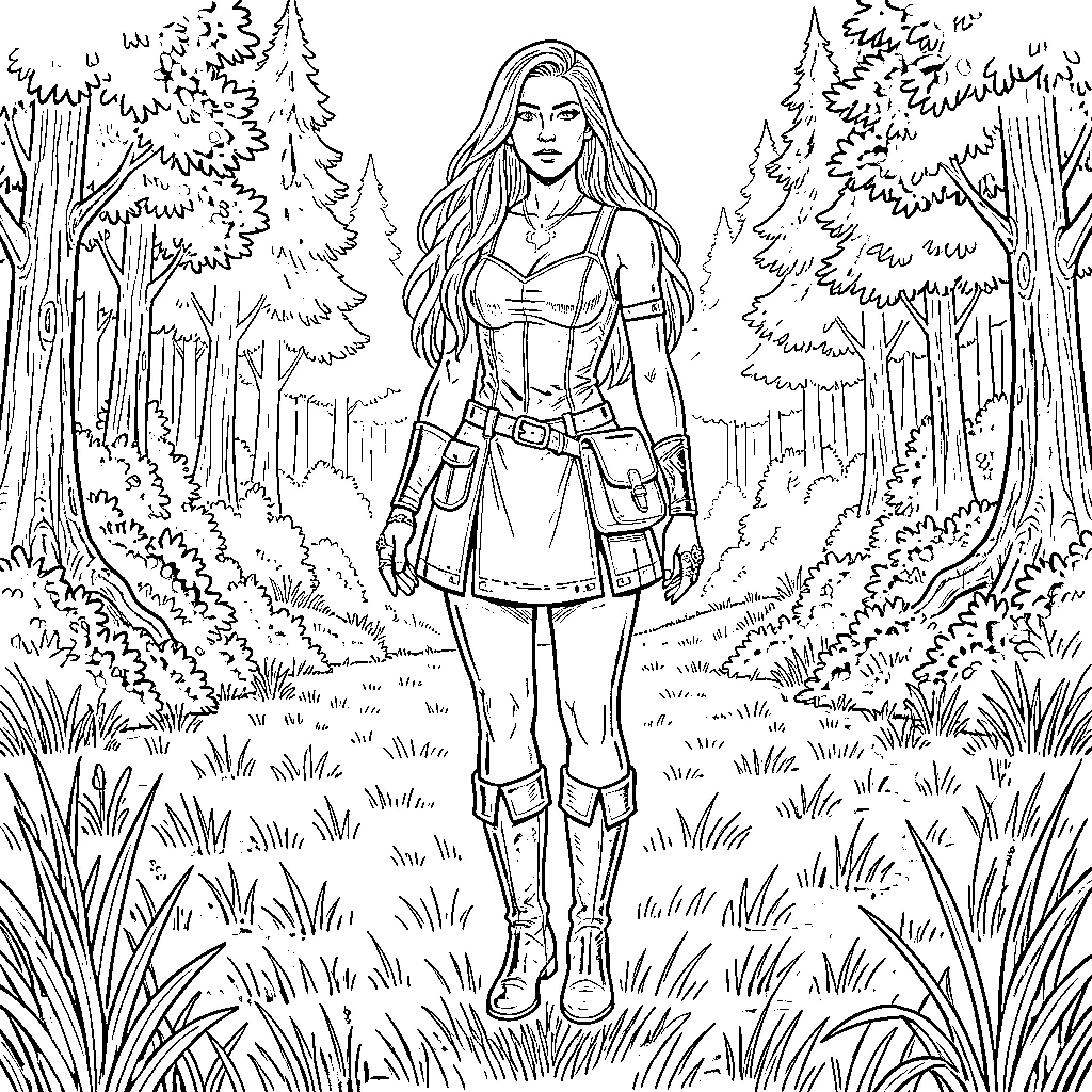 Woman in adventurer outfit standing in a forest Coloring Page (free black-and-white line drawing printable PDF for all, from beginners to advanced learners, including children, teens, adults, and seniors)