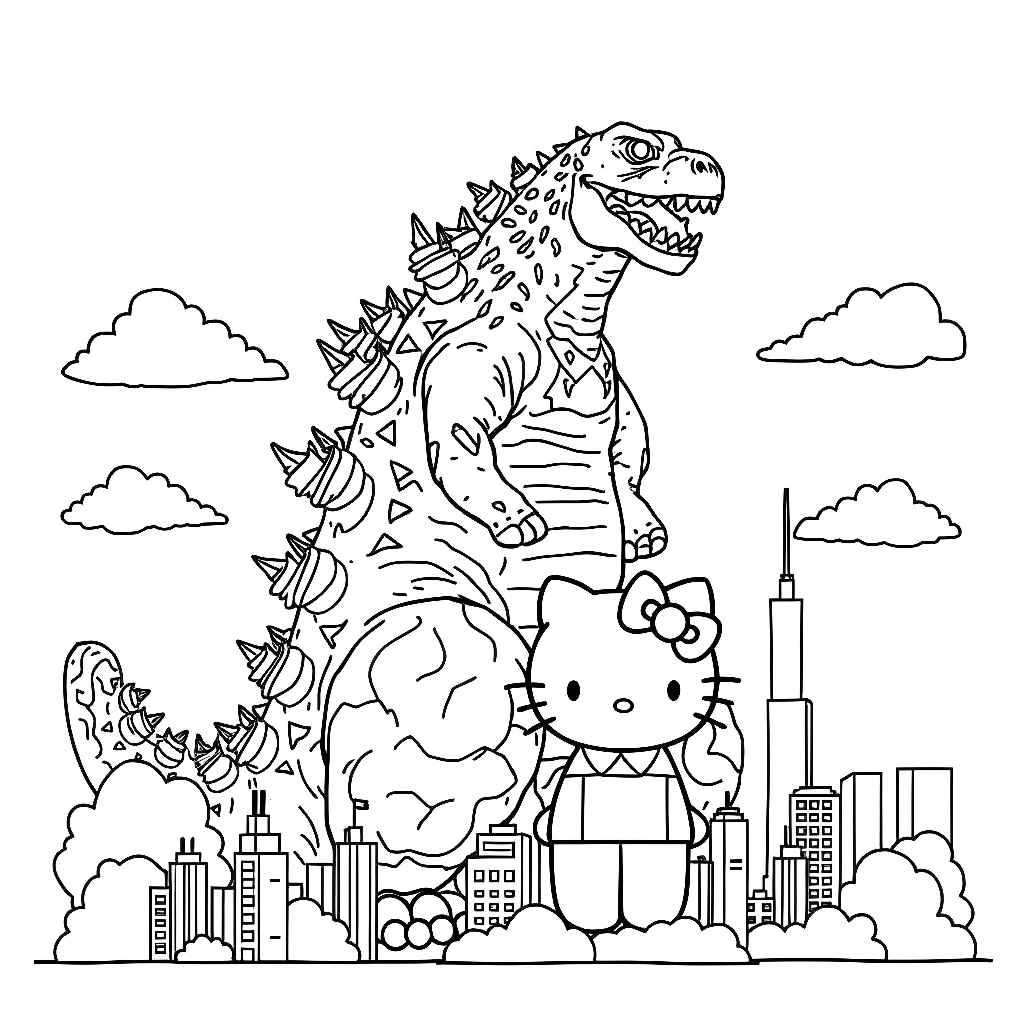Godzilla and Hello Kitty facing off in the city skyline Coloring Page (free black-and-white line drawing printable PDF for all, from beginners to advanced learners, including children, teens, adults, and seniors)