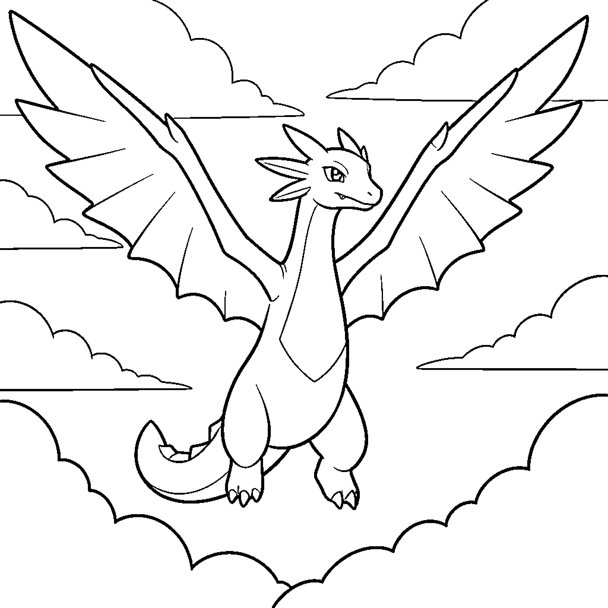 Rayquaza flying majestically through a cloudy sky Coloring Page (free black-and-white line drawing printable PDF for all, from beginners to advanced learners, including children, teens, adults, and seniors)