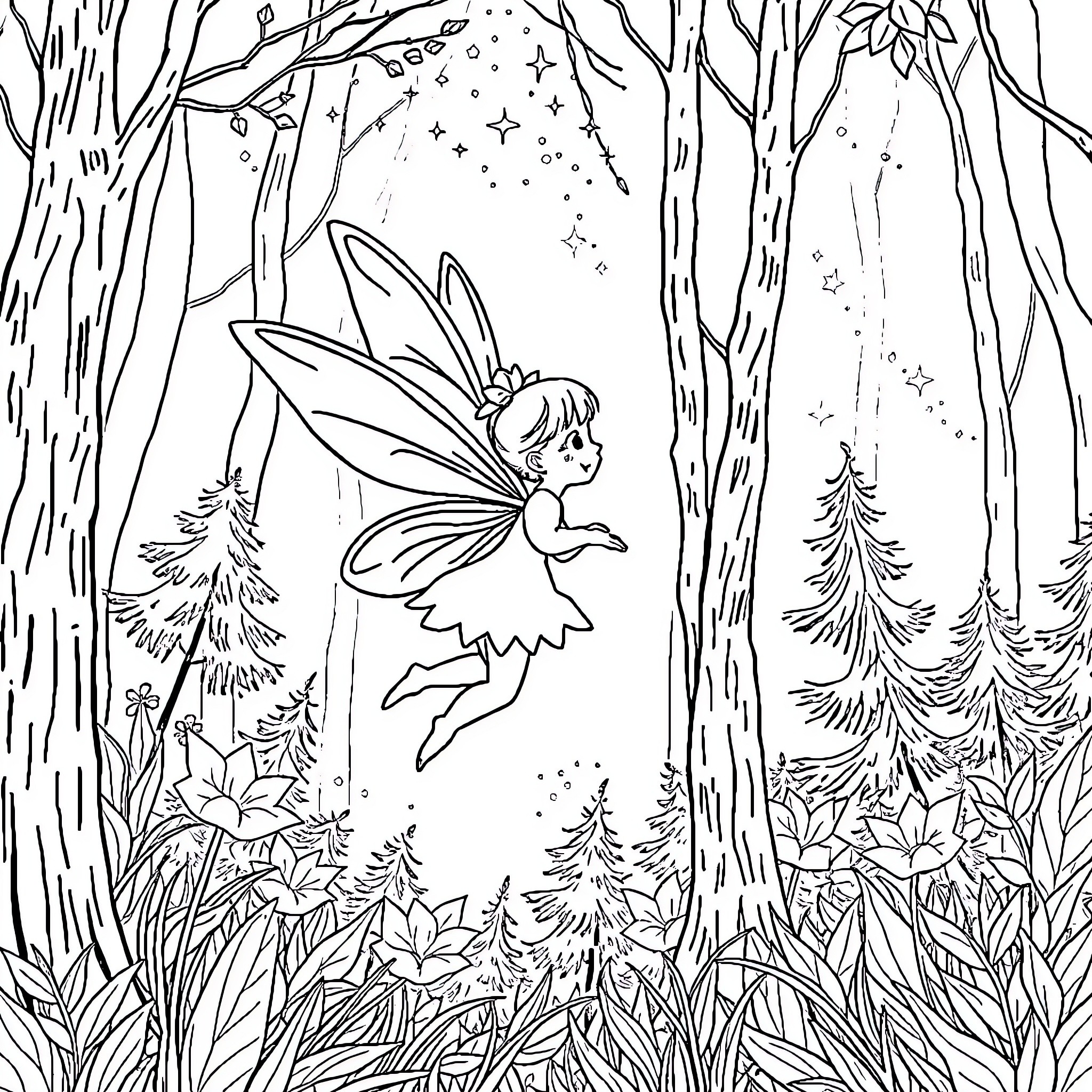 Fairy dancing gracefully in enchanted forest Coloring Page (free black-and-white line drawing printable PDF for all, from beginners to advanced learners, including children, teens, adults, and seniors)