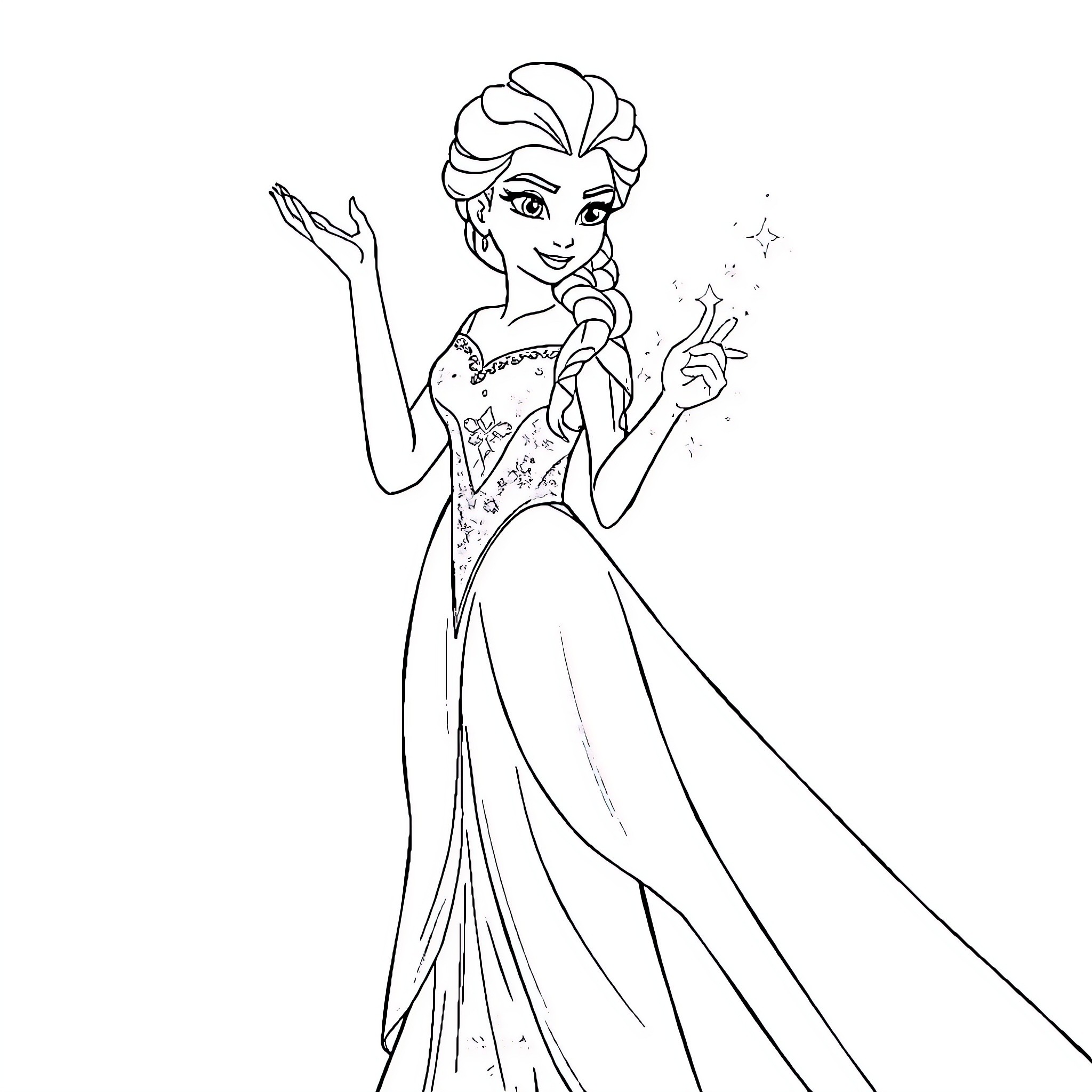 Elsa performing magical display in enchanting gown Coloring Page (free black-and-white line drawing printable PDF for all, from beginners to advanced learners, including children, teens, adults, and seniors)