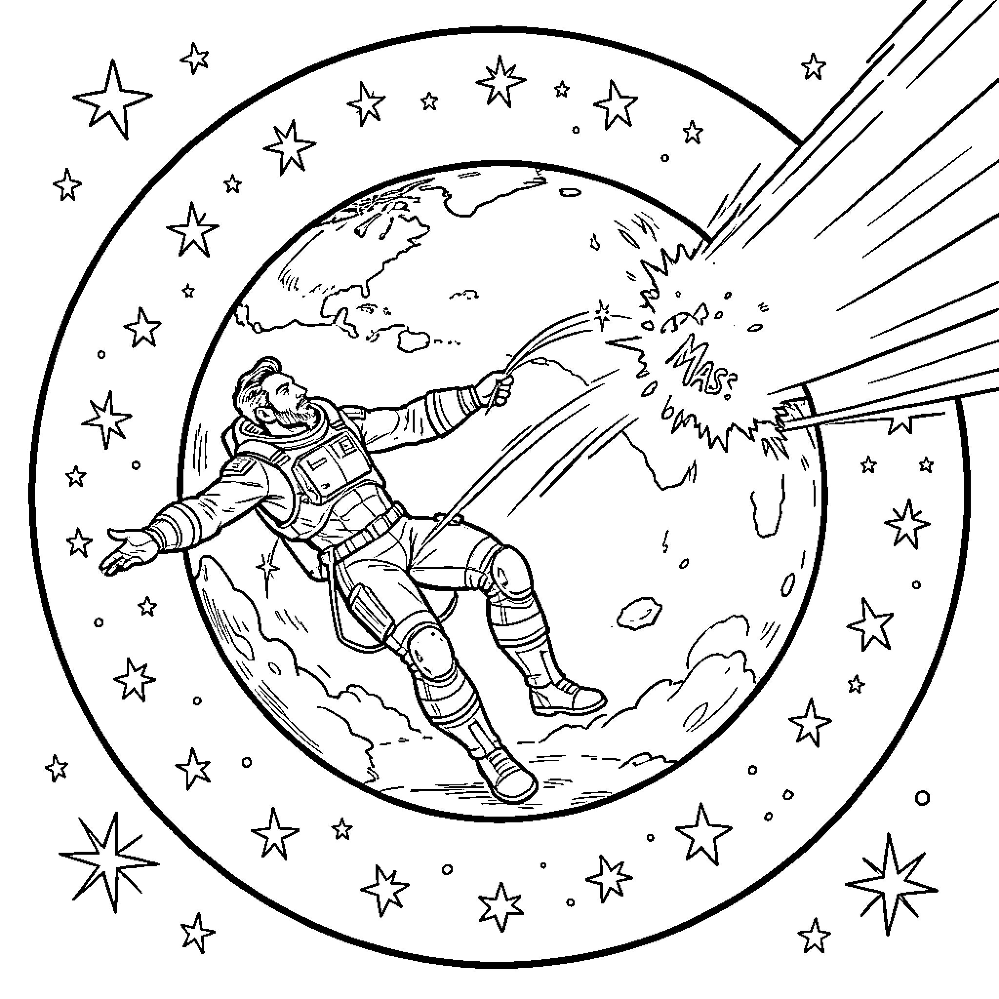 Homme floating in space amongst the stars Coloring Page (free black-and-white line drawing printable PDF for all, from beginners to advanced learners, including children, teens, adults, and seniors)