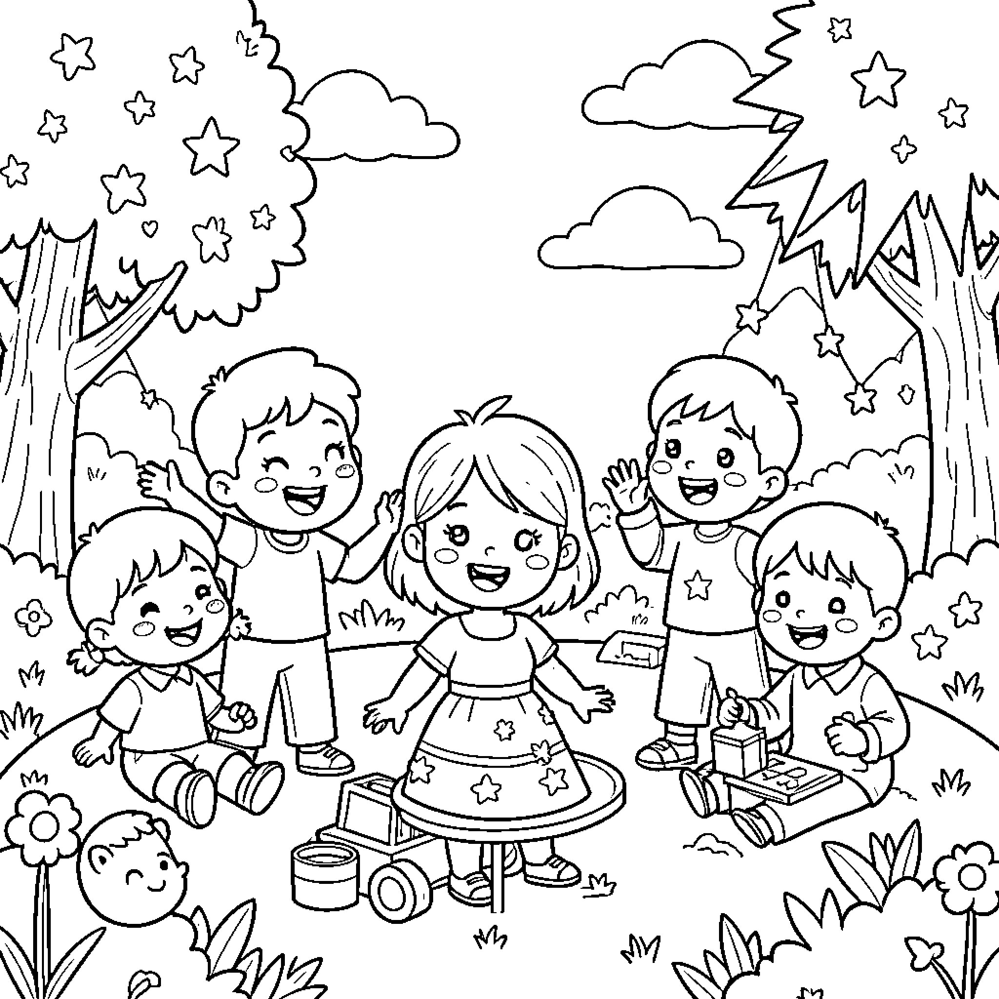 Infant children playing happily together in a garden Coloring Page (free black-and-white line drawing printable PDF for all, from beginners to advanced learners, including children, teens, adults, and seniors)