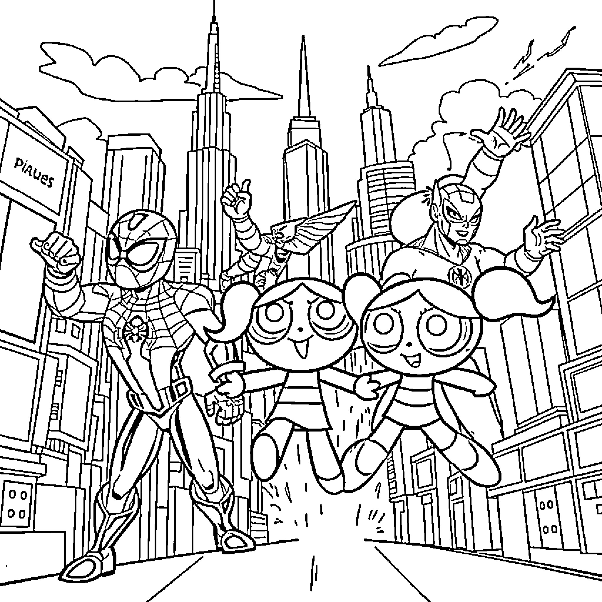 Powerpuff Girls on a Super Adventure in the City Coloring Page (free black-and-white line drawing printable PDF for all, from beginners to advanced learners, including children, teens, adults, and seniors)